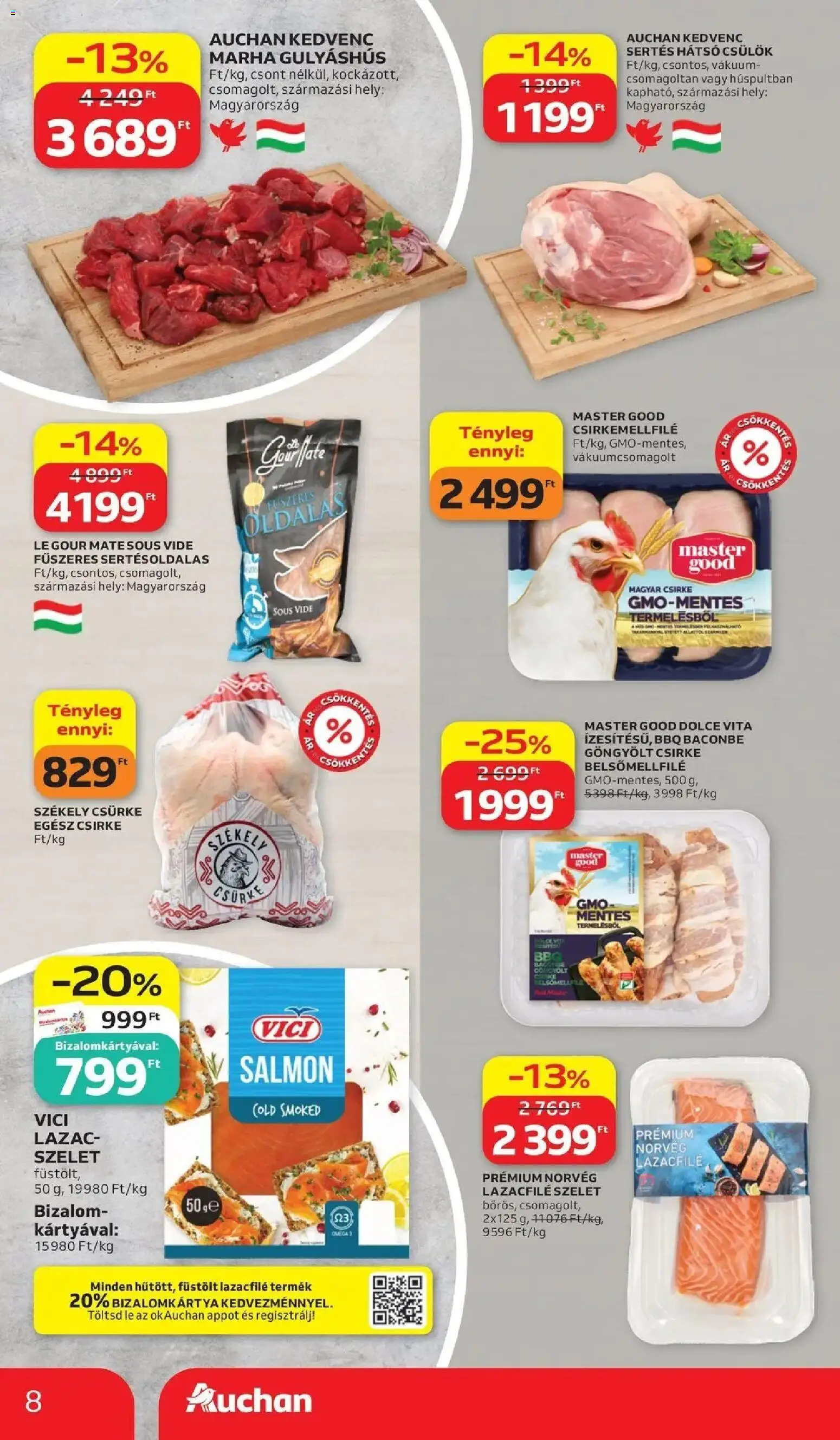 Auchan akciós ujság - amely érvényes a következő dátumtól: 2026.07.02. | Oldal: 8 | Termékek: Egész csirke, Lazacfilé, Lazac