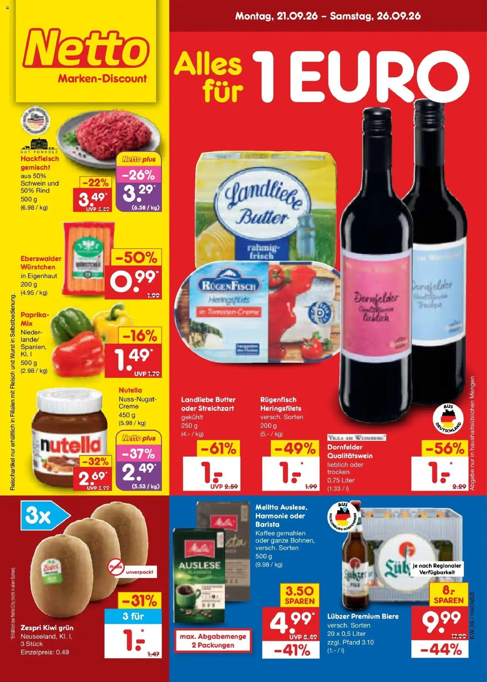Netto Marken-Discount Prospekt Rostock – gültig ab 21.09.2026 | Seite: 1 | Produkte: Melitta, Kiwi, Lubzer, Hackfleisch