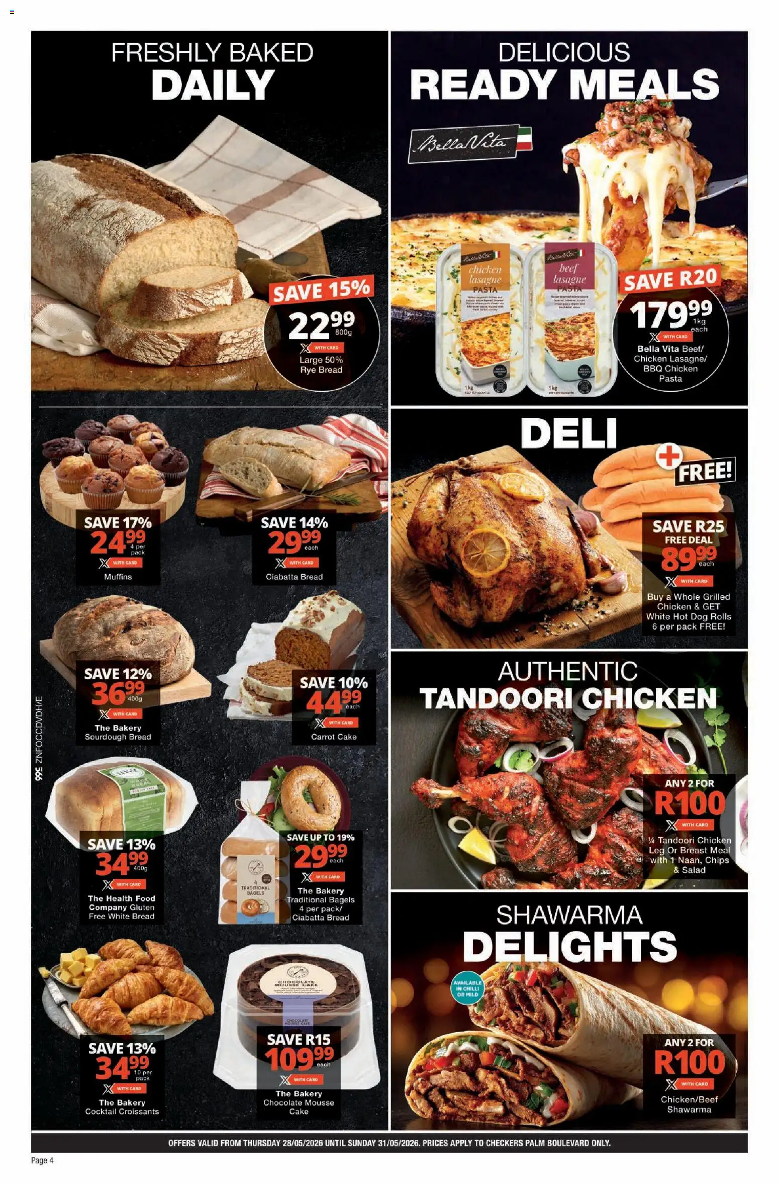 New Checkers catalogue – valid from 28.05.2026 | Page: 4 | Products: Cake, Muffins, Chocolate, Salad
