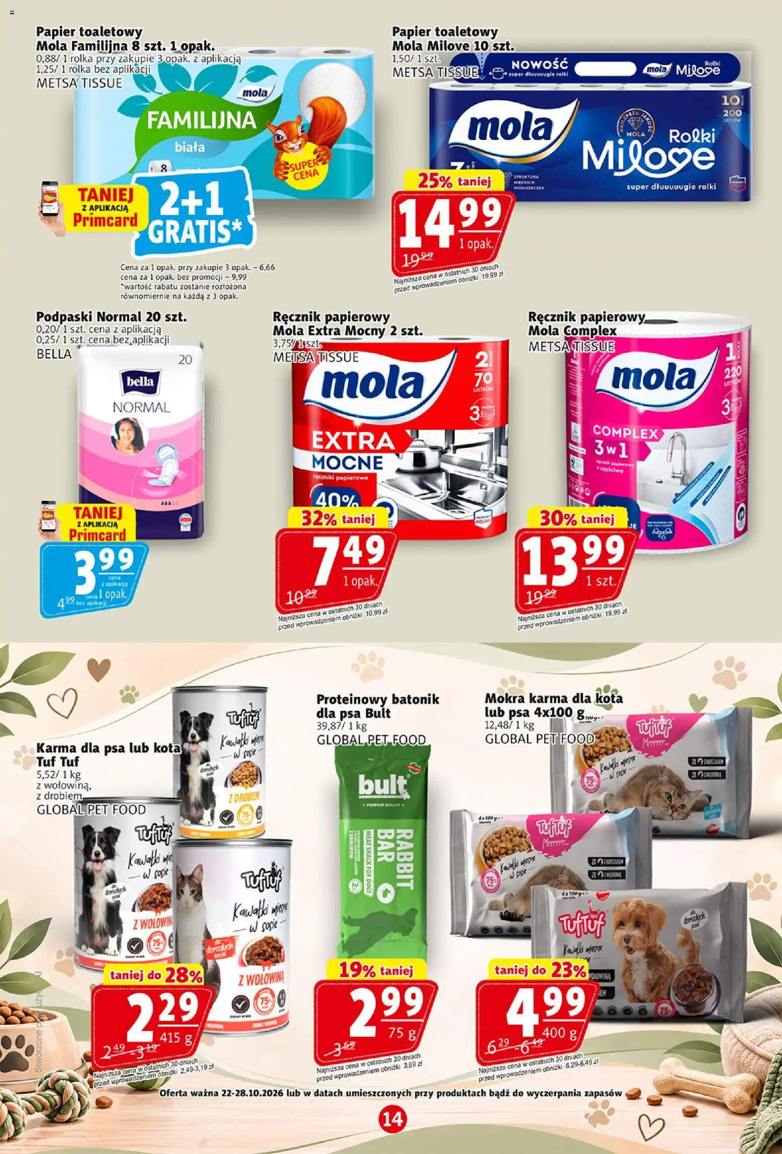 Prim Market gazetka od 22.10.2026 | Strona: 14 | Produkty: Papier toaletowy, Ręczniki papierowe, Podpaski, Karma dla kota