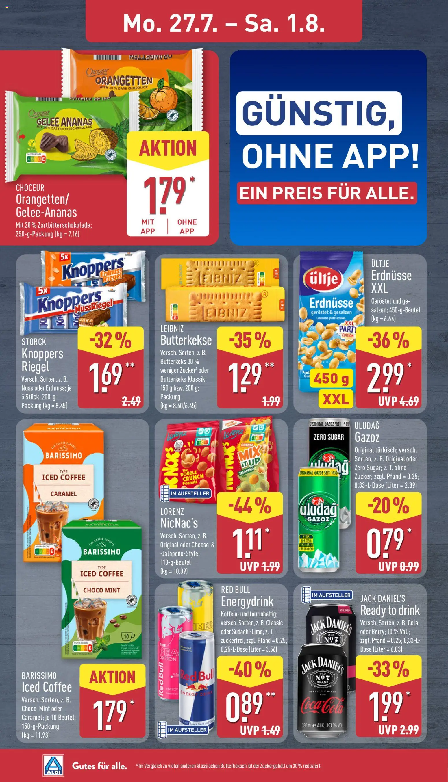 Aldi Prospekt – gültig ab 27.07.2026 | Seite: 8 | Produkte: Erdnüsse, Cola, Butterkekse, Knoppers
