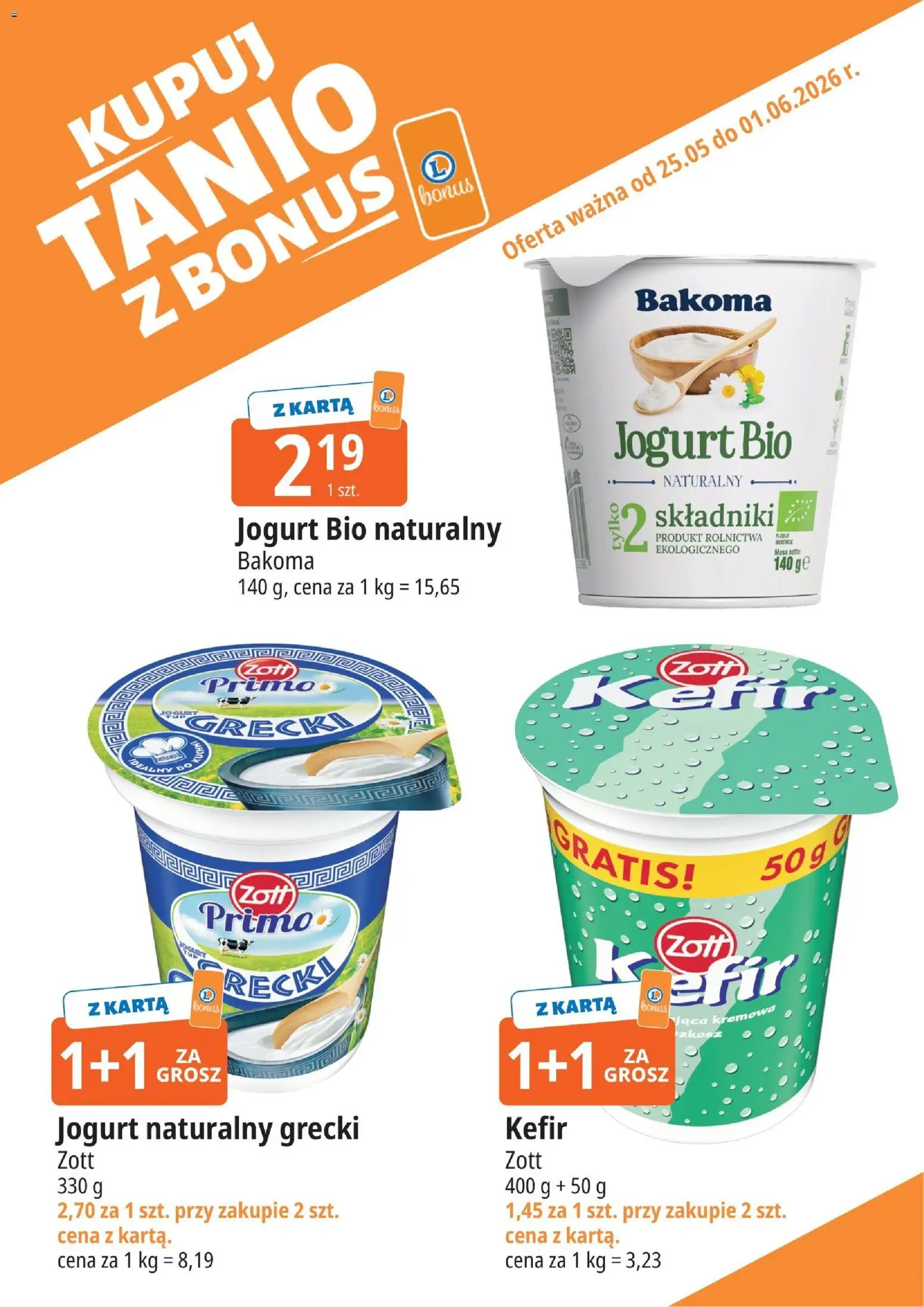 E.Leclerc gazetka - Tychy kupony dodatkowe od 25.05.2026 | Strona: 1 | Produkty: Jogurt Bio, Kefir, Jogurt naturalny, Jogurt