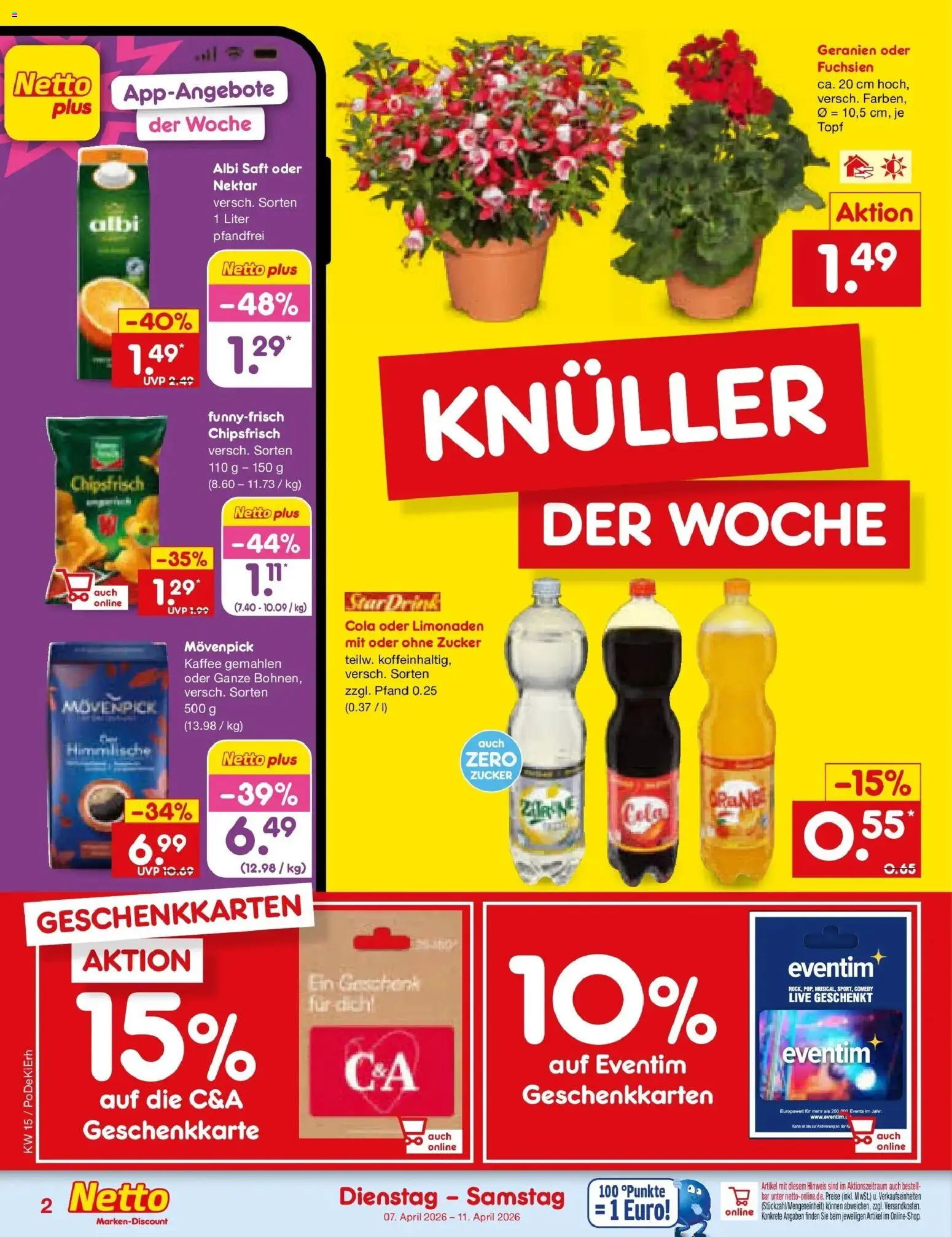 Netto Marken-Discount Prospekt München	 – gültig ab 07.04.2026 | Seite: 2 | Produkte: Cola, Kaffee, Geranien, Saft