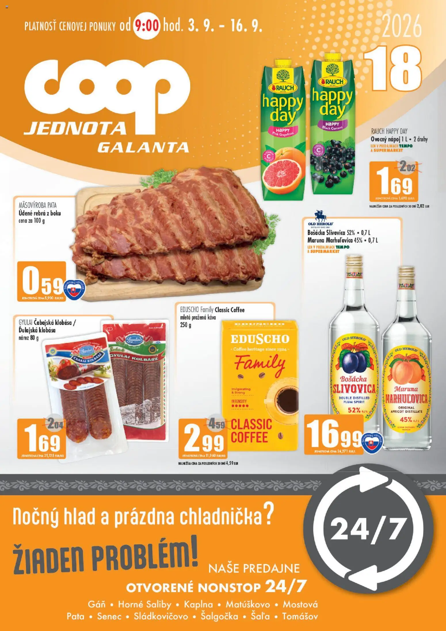 Nové COOP Jednota akcie – leták je platný od 03.09.2026 | Strana: 1 | Produkty: Chladnička, Klobása, Bošácka slivovica
