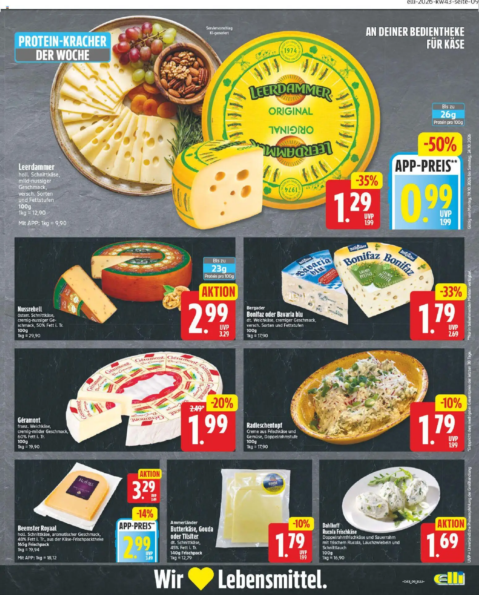 Elli Markt Prospekt Gütersloh – gültig ab 19.10.2026 | Seite: 9 | Produkte: Geramont, Käse, Rucola, Pfeffer