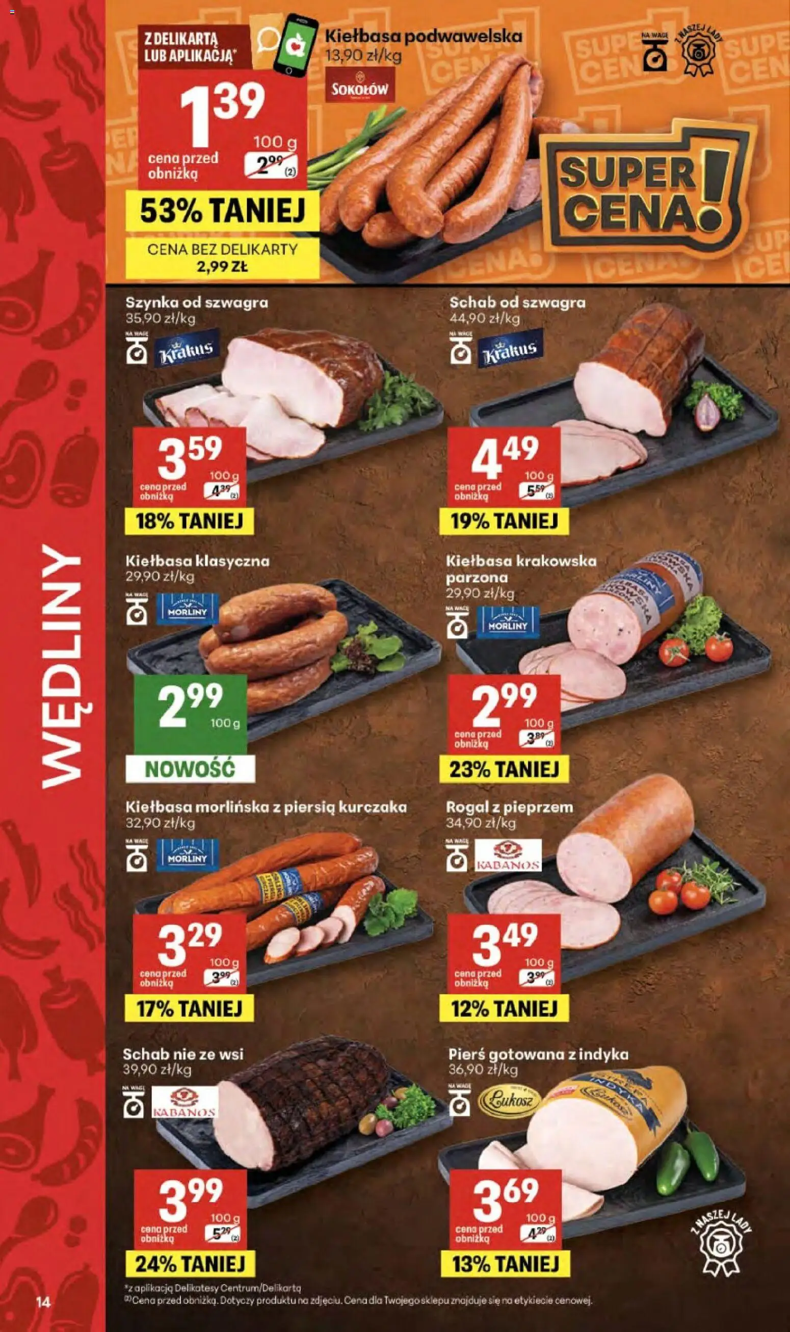 Delikatesy Centrum gazetka - Sklepy Własne od 14.05.2026 | Strona: 14 | Produkty: Kiełbasa, Szynka, Delikatesy, Kiełbasa podwawelska