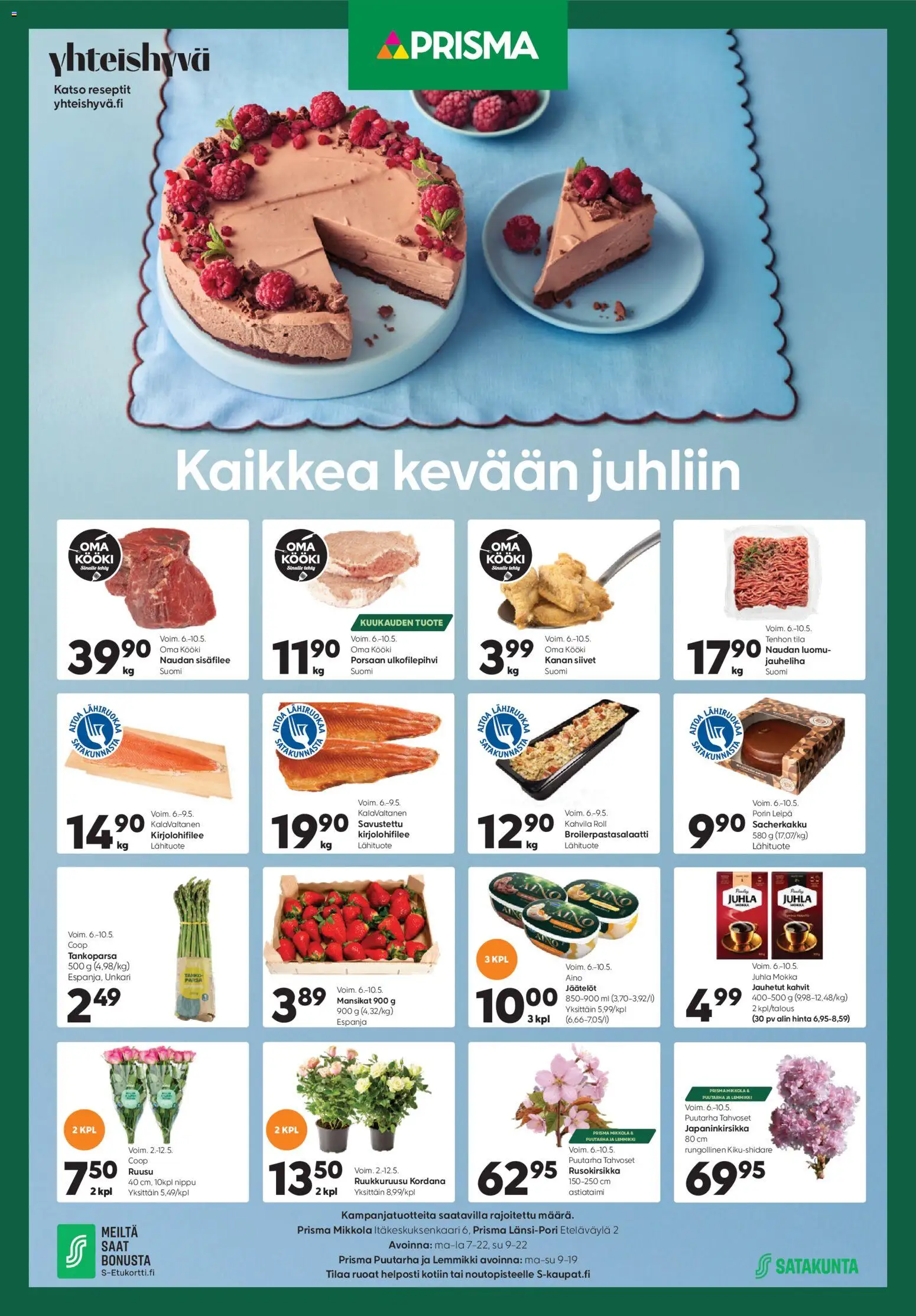 Prisma tarjoukset – voimassa 06.05.2026 alkaen | Sivu: 1 | Tuotteet: Juhla Mokka, Jauheliha, Parsa, Mansikat