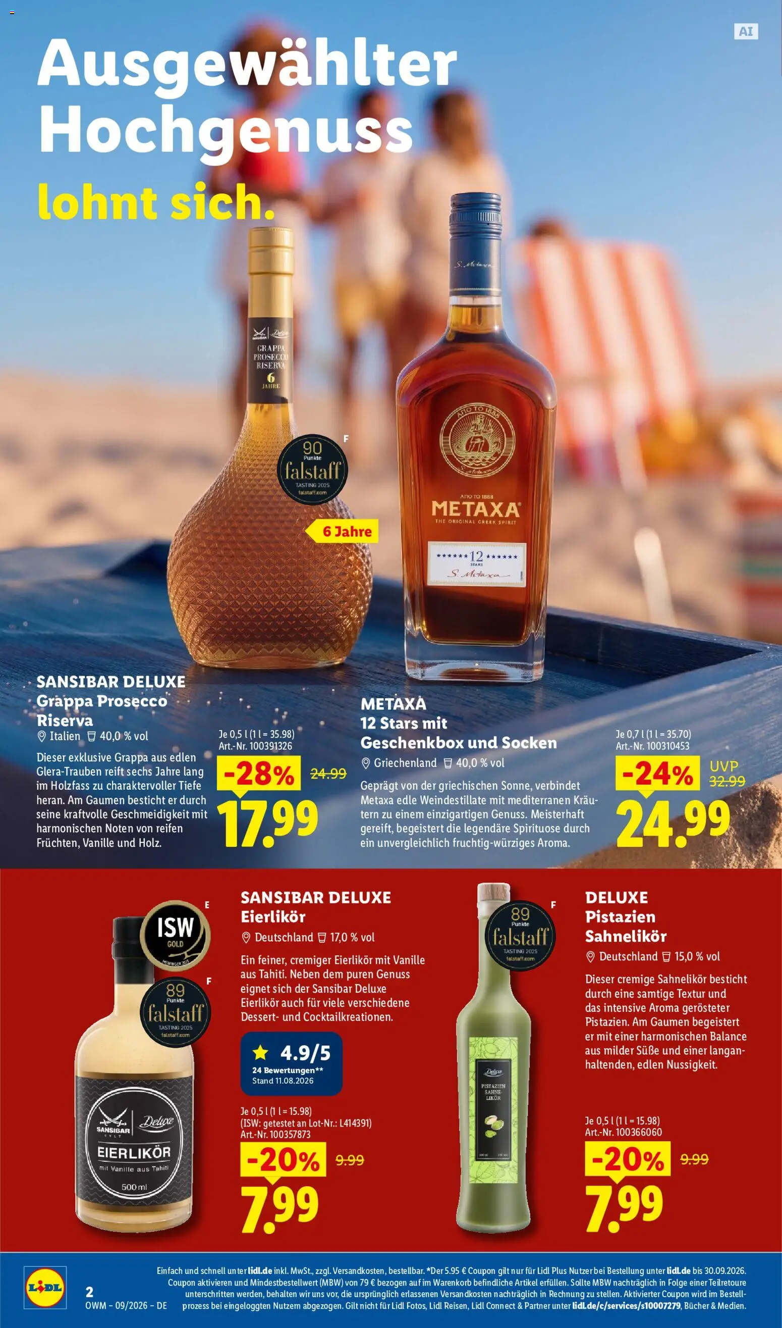 Lidl Wein & Spirituosen – gültig ab 01.09.2026 | Seite: 2 | Produkte: Likör, Metaxa, Vanille, Socken