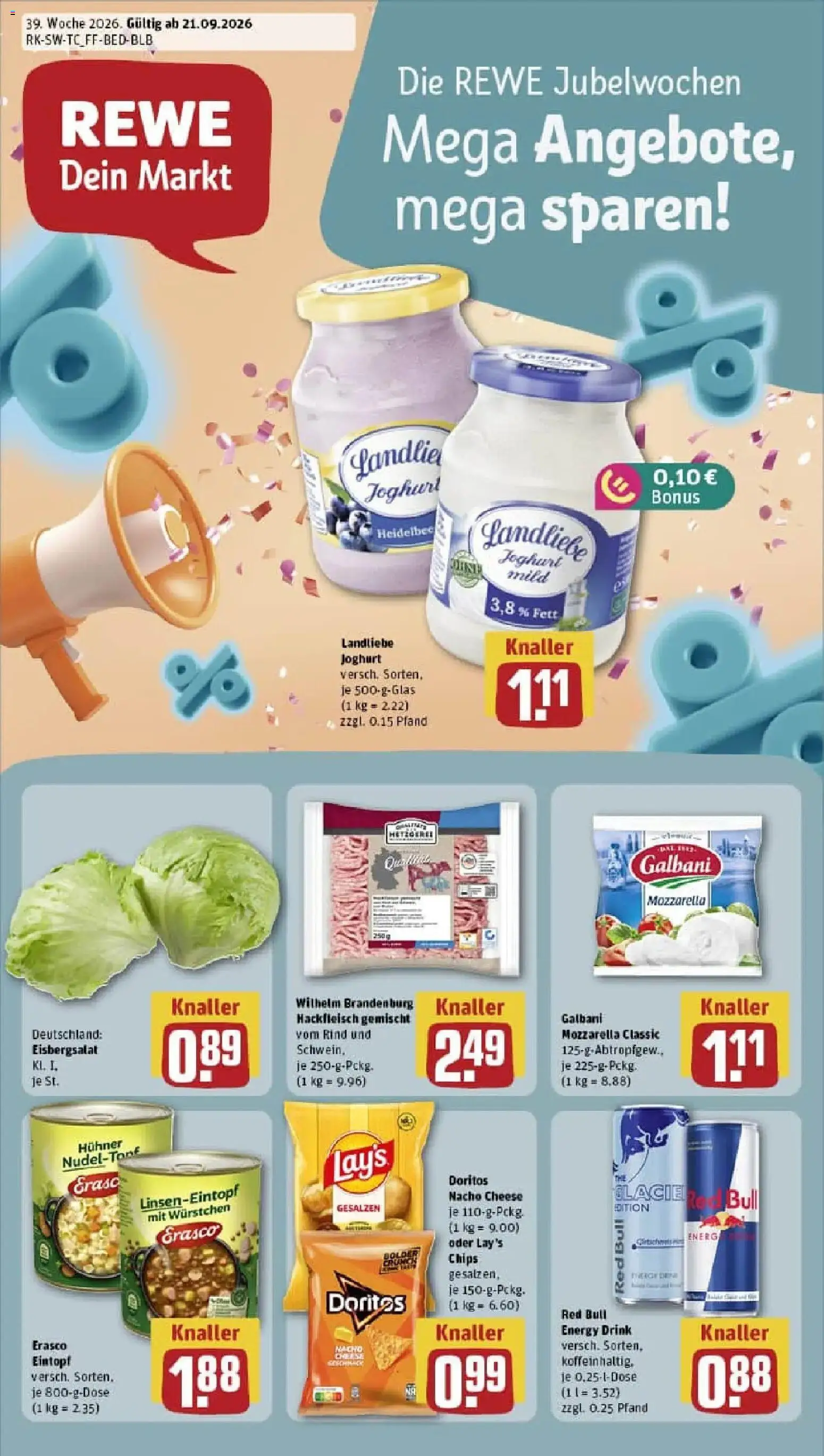REWE Prospekt ab 21.09.2026 zum Blättern » Angebote | Seite: 1 | Produkte: Red bull, Energy, Eisbergsalat, Erasco