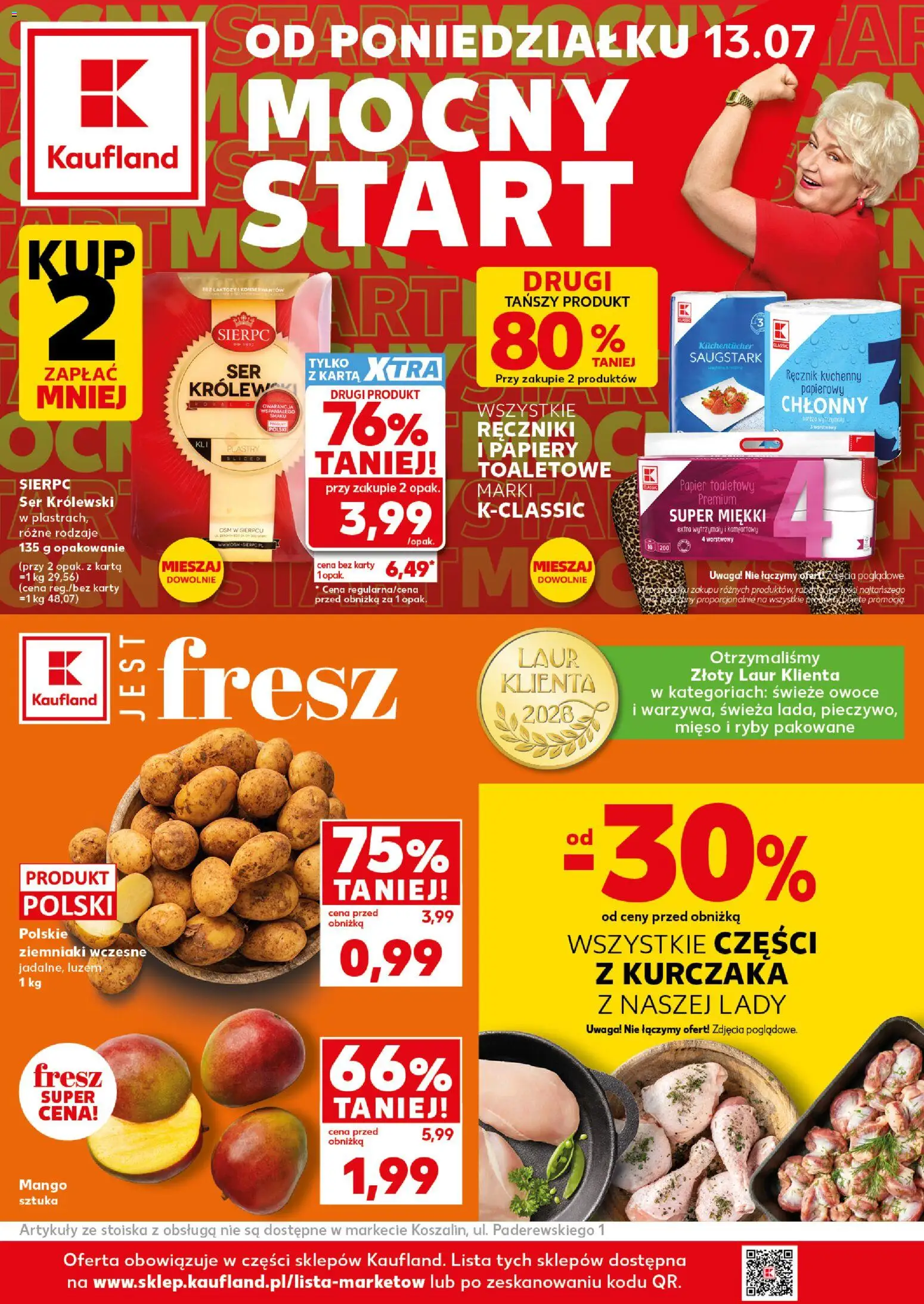 Kaufland Polsko leták - Mocny start od 13.07.2026 | Strana: 1 | Produkty: Mango, Ryby, Karty