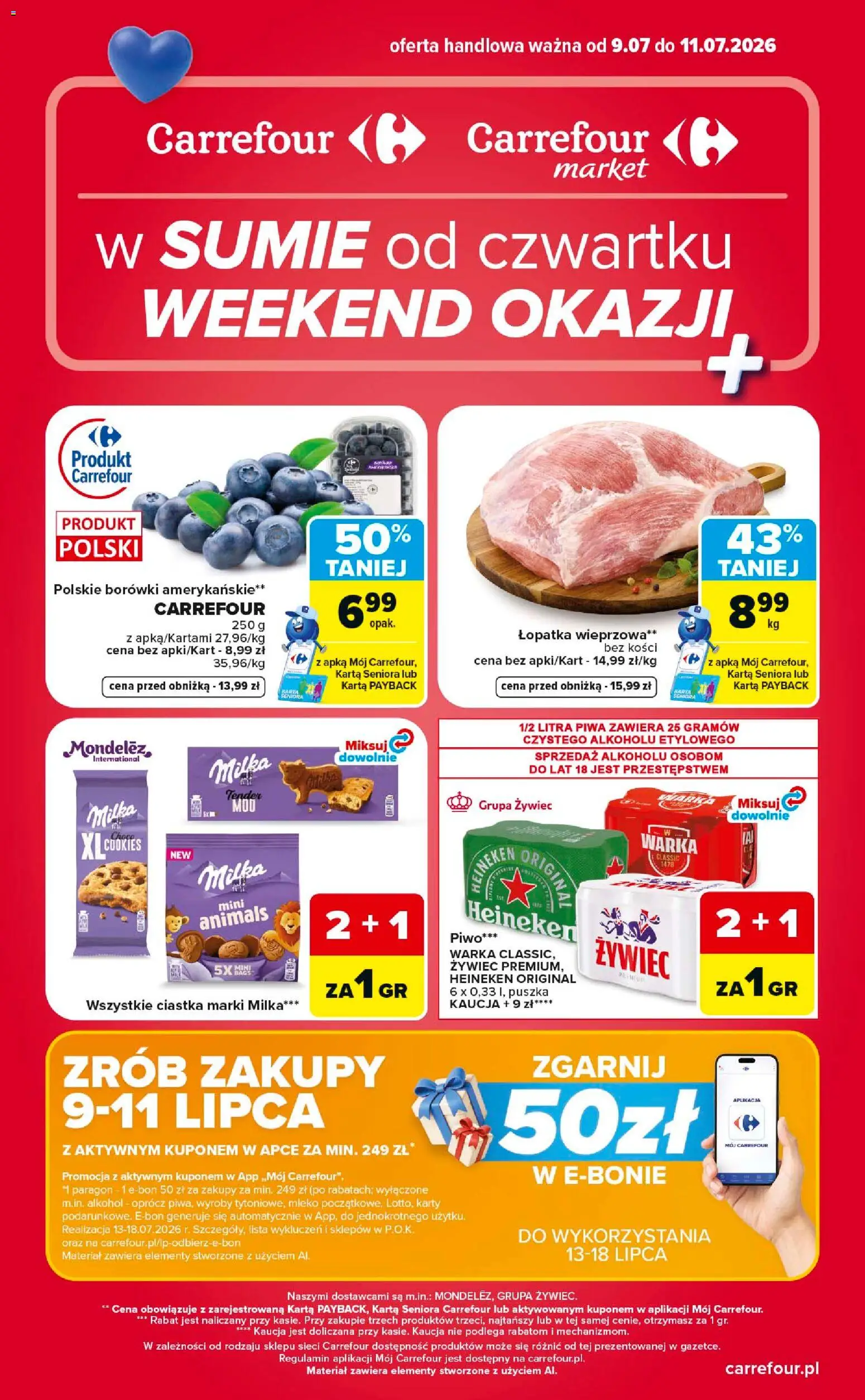 Carrefour gazetka - Weekend okazji od 09.07.2026 | Strona: 1 | Produkty: Karta, Ciastka, Alkohol, Heineken