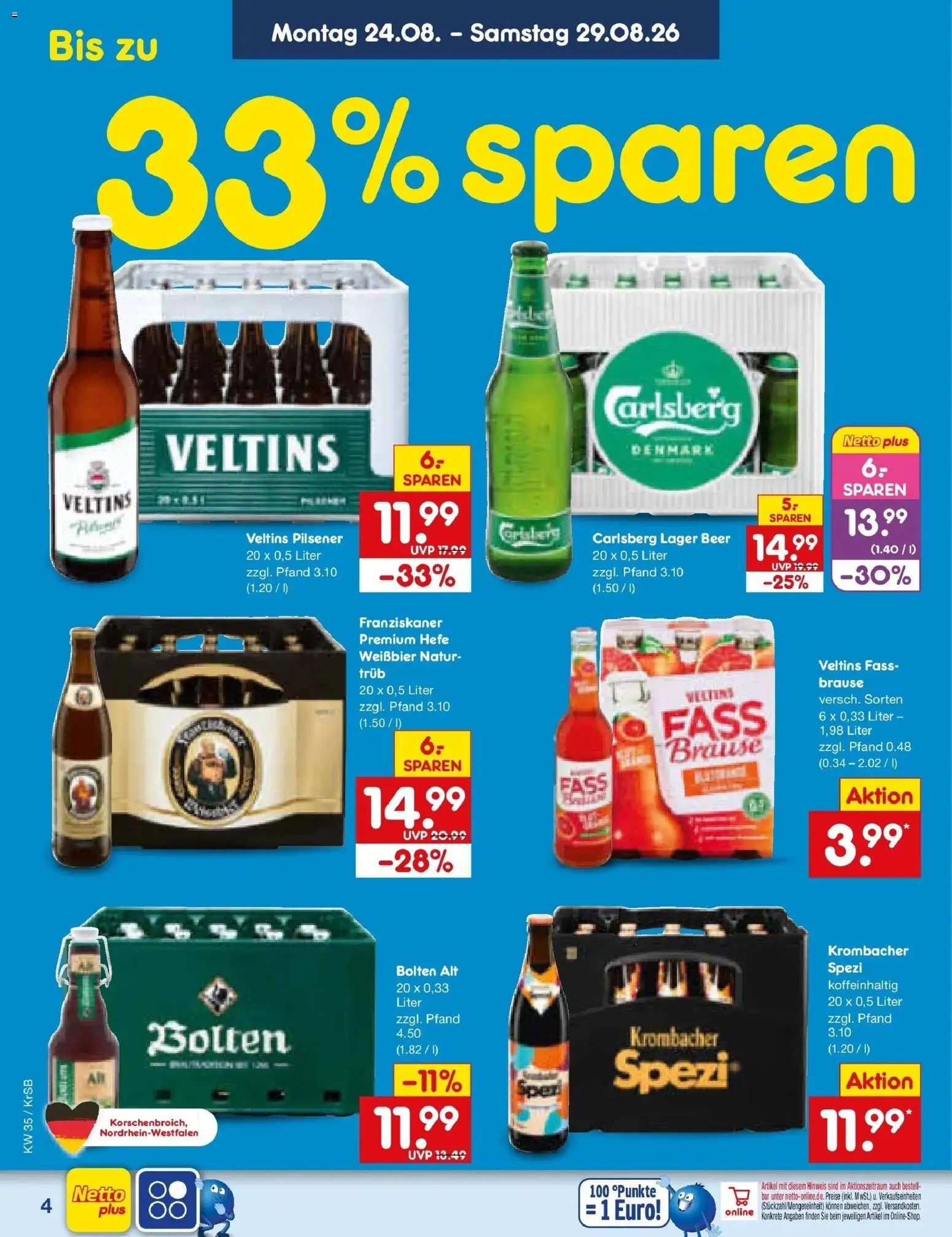 Netto Marken-Discount Prospekt Baesweiler – gültig ab 24.08.2026 | Seite: 4 | Produkte: Carlsberg, Weißbier, Krombacher, Veltins