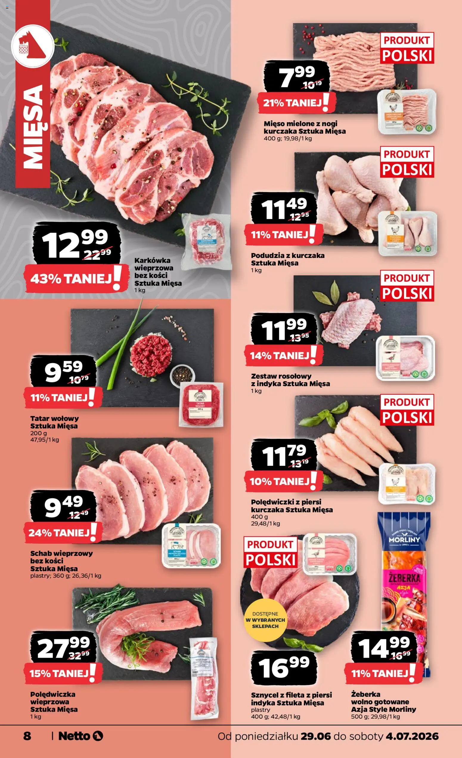 Netto gazetka od poniedziałku spożywcza od 29.06.2026 | Strona: 8 | Produkty: Karkówka, Piersi, Tatar wołowy, Schab wieprzowy