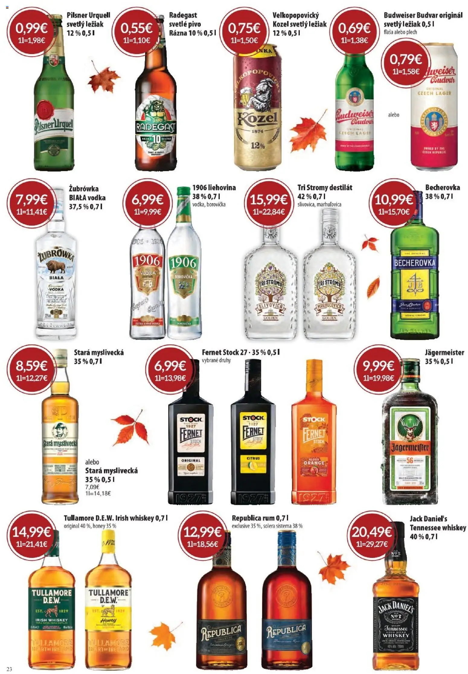 Nové Sintra akcie – leták je platný od 01.10.2026 | Strana: 23 | Produkty: Jägermeister, Pilsner Urquell, Fernet Stock, Destilát