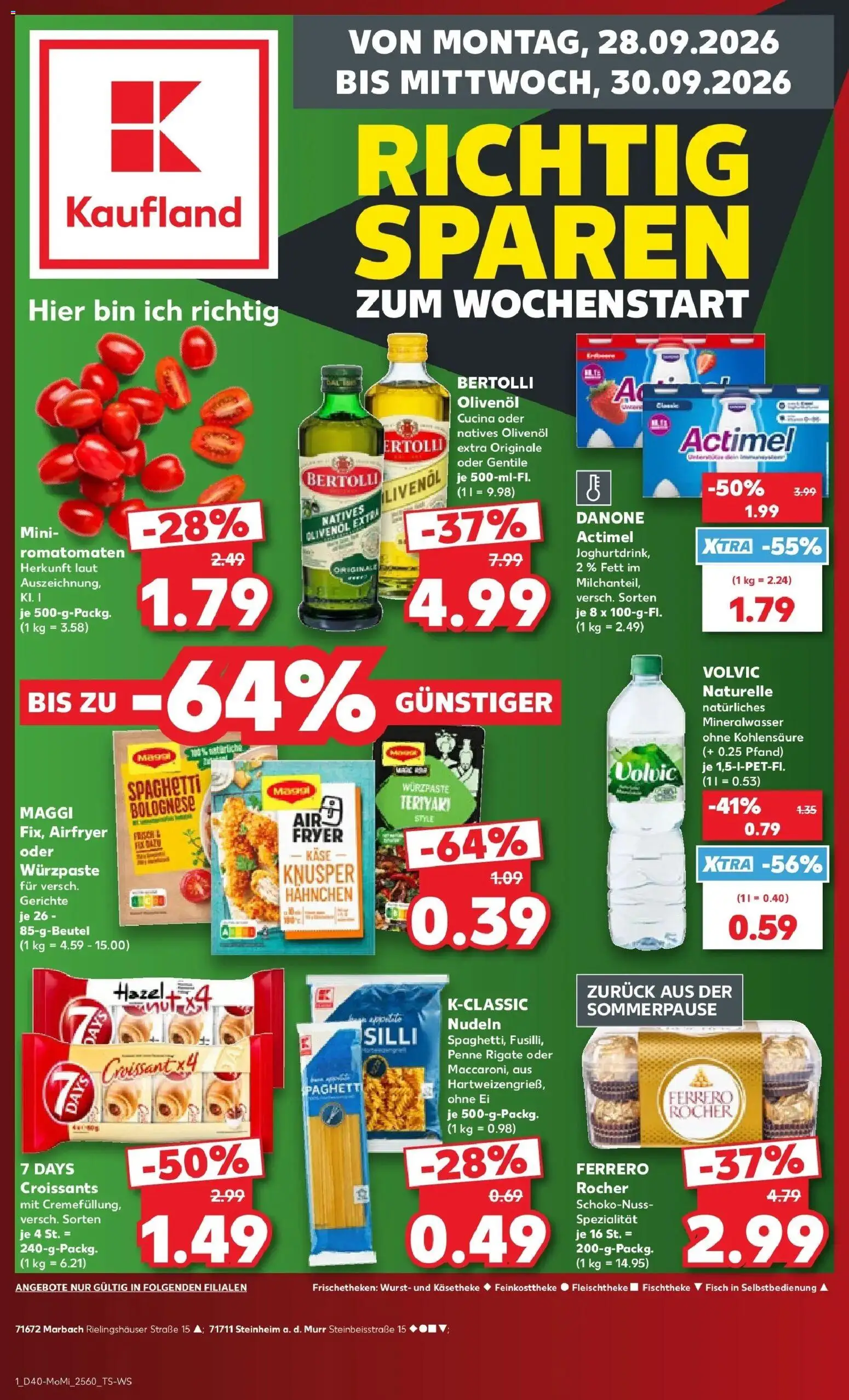 Prospekt Kaufland ab 28.09.2026 » Angebote Online zum Blättern | Seite: 1 | Produkte: Hahnchen, Olivenol, Fisch, Nudeln