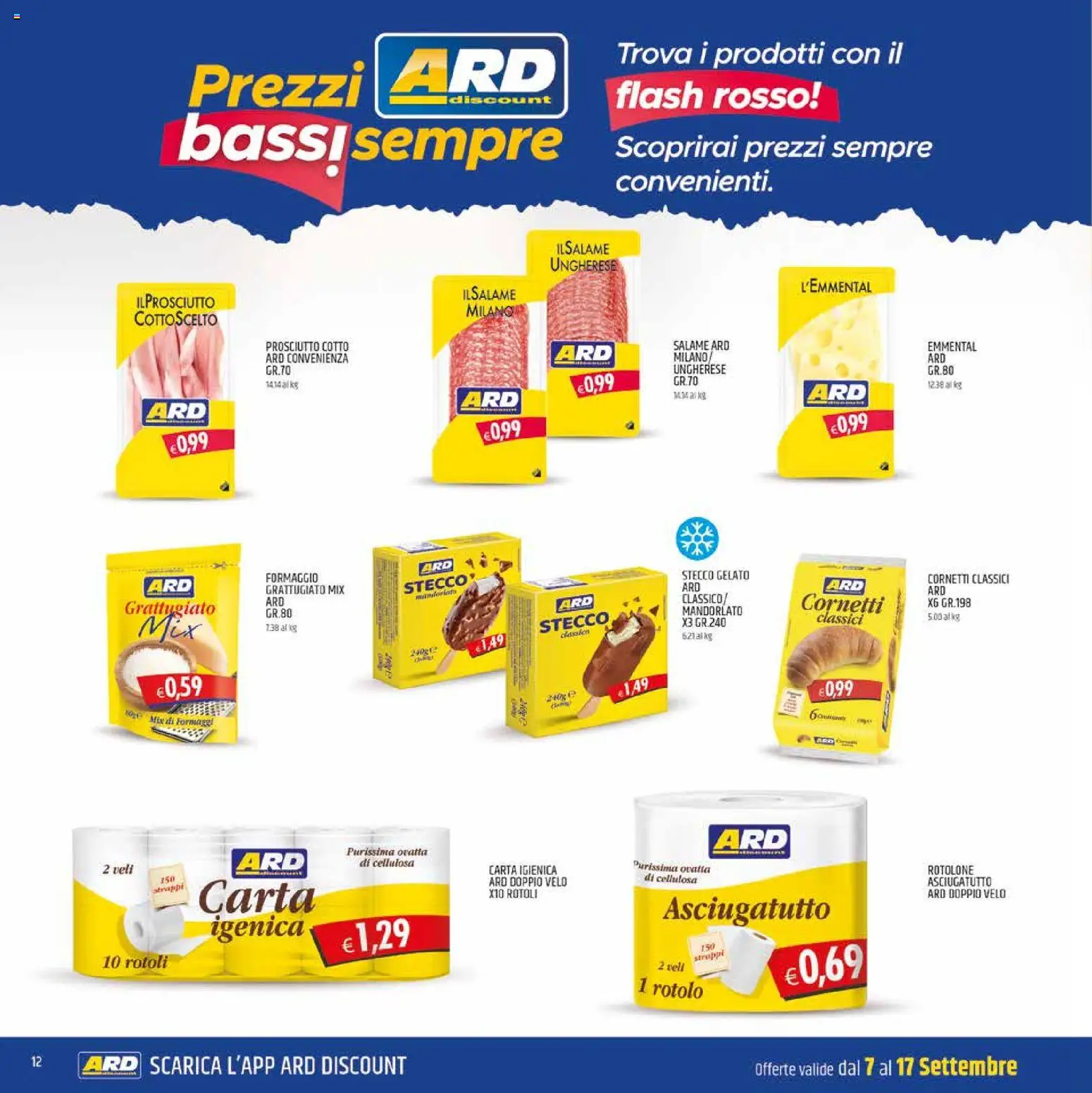 Volantino ARD Discount del 07/09/2026 | Pagina: 12 | Prodotti: Carta igienica, Salame, Gelato, Asciugatutto