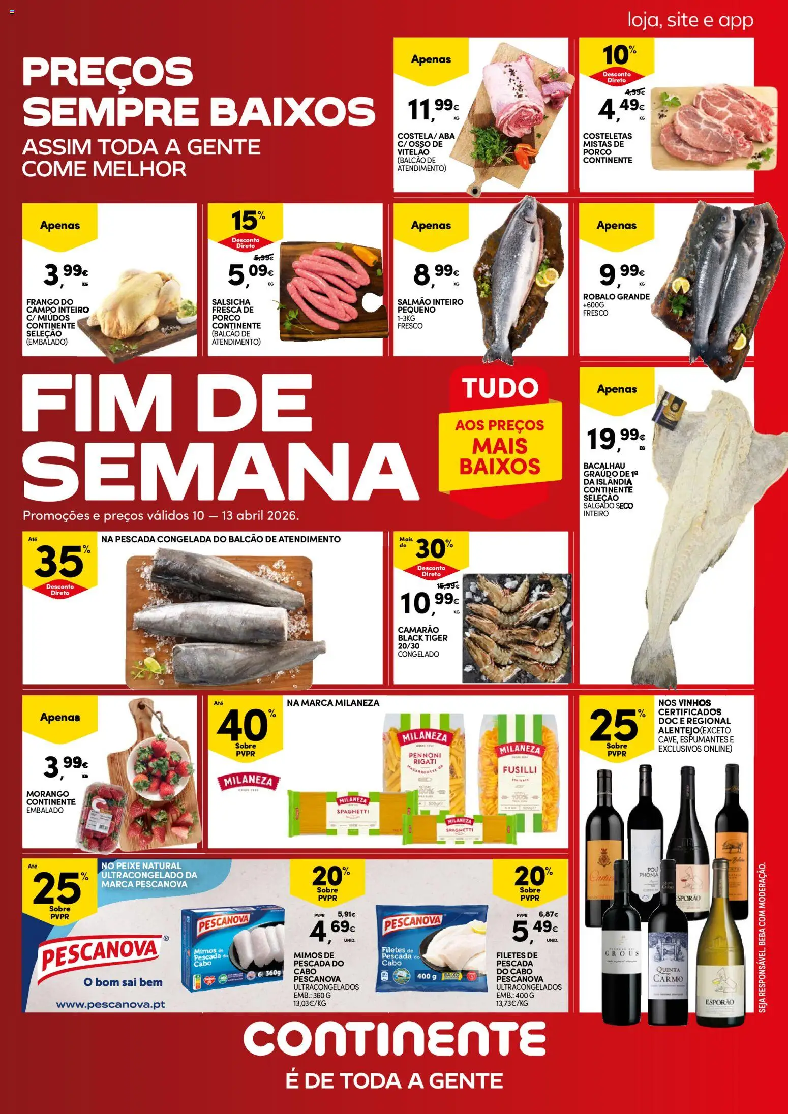 Continente Fim de Semana à Continente │ válido de 10.04.2026 | Página: 1 | Produtos: Frango, Salmão, Salsicha, Peixe