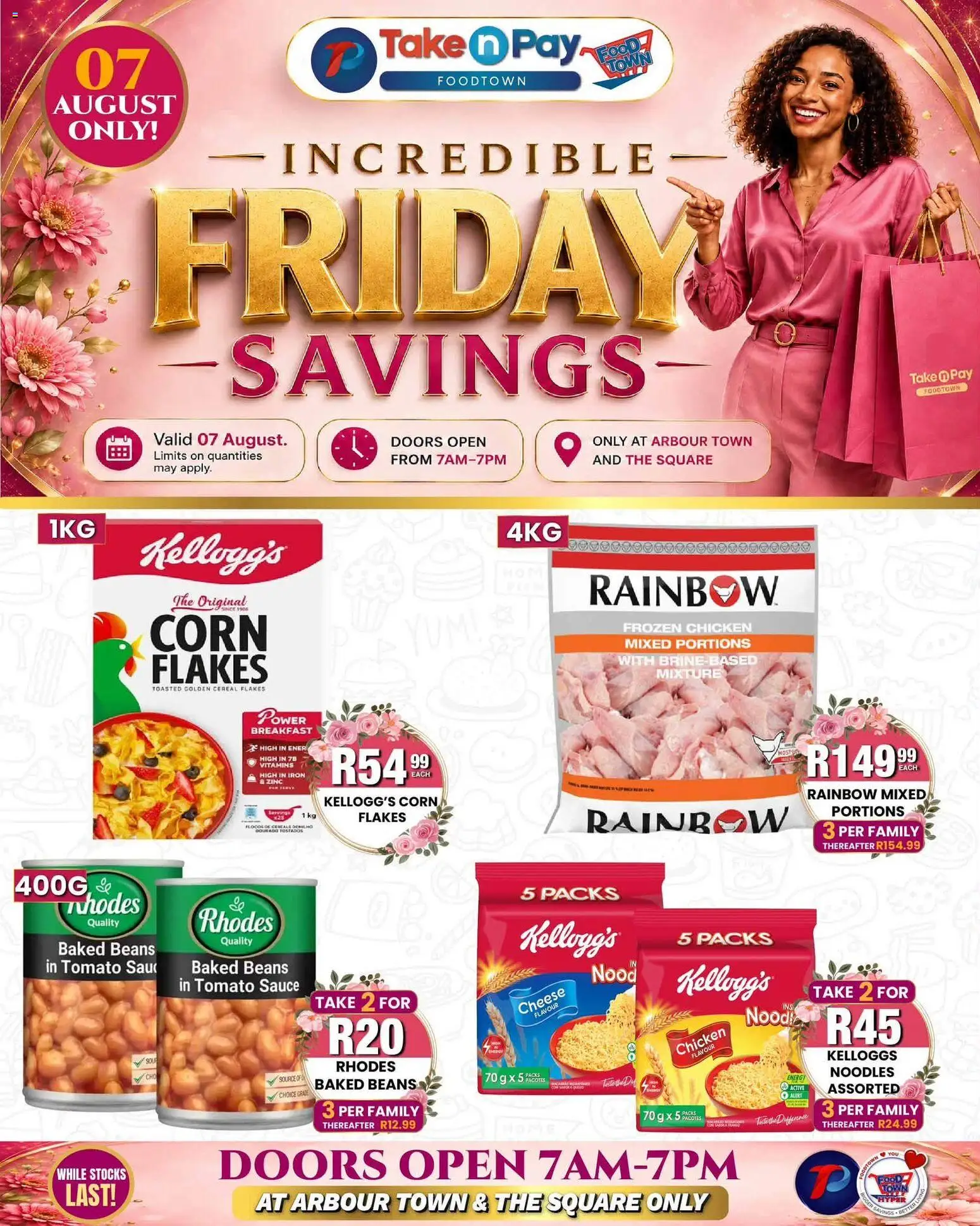 New Take n Pay catalogue – valid from 07/08/2026 | Page: 1 | Products: Beans, Tomato sauce, Flakes, Sauce