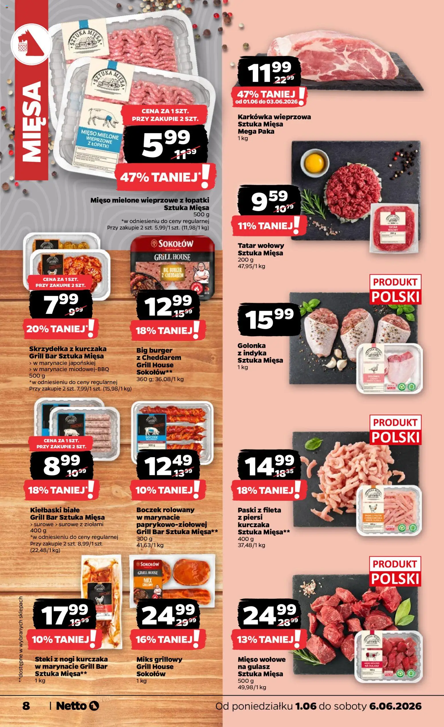 Netto gazetka od poniedziałku spożywcza od 01.06.2026 | Strona: 8 | Produkty: Skrzydełka z kurczaka, Tatar wołowy, Steki, Boczek