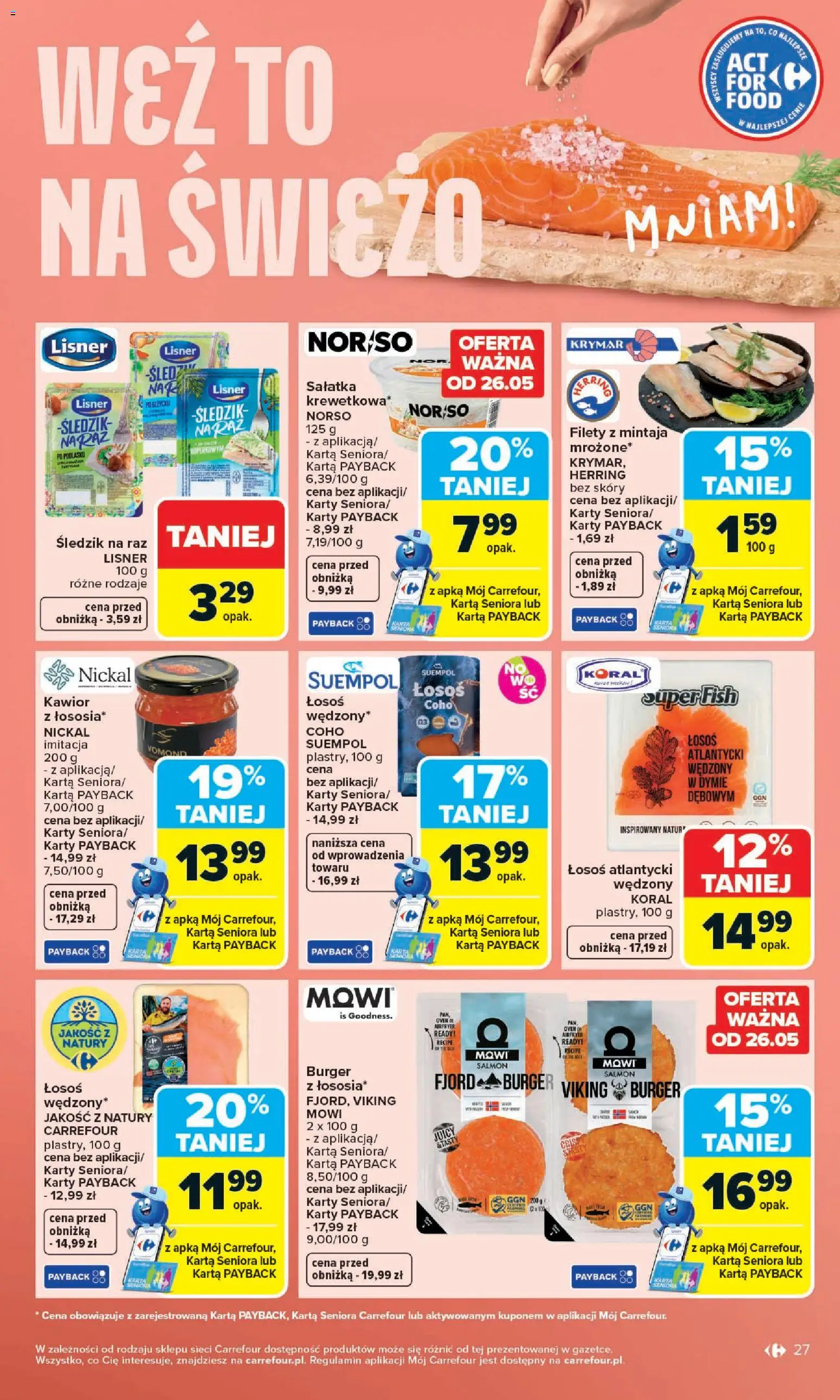 Carrefour gazetka - Zmieniliśmy Się Dla Ciebie od 25.05.2026 | Strona: 27 | Produkty: Karta, Łosoś atlantycki, Sałatka, Kawior