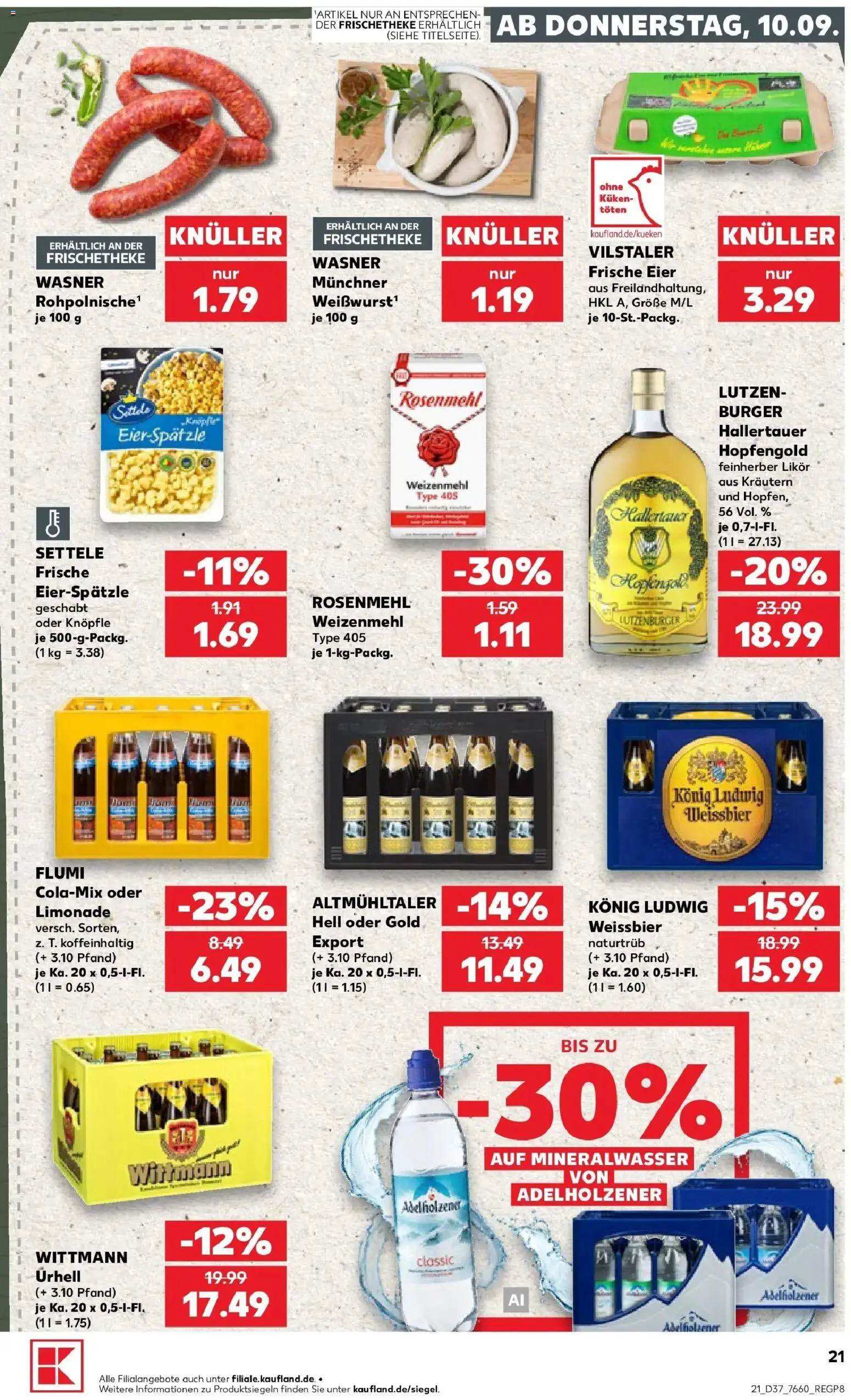 Prospekt Kaufland ab 10.09.2026 » Angebote Online zum Blättern | Seite: 21 | Produkte: Eier, Weißbier, Weißwurst, Mineralwasser