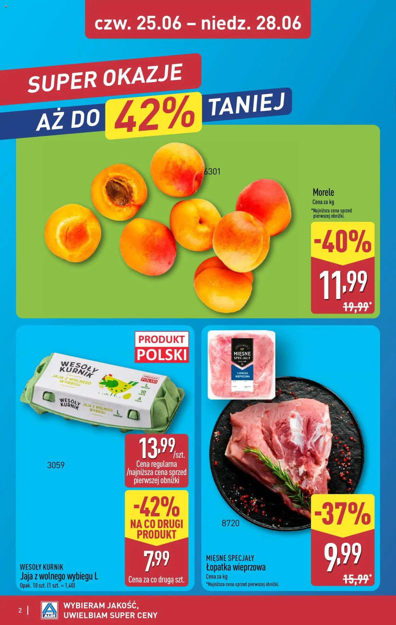 Aldi gazetka - Oferta weekendowa od 25.06.2026 | Strona: 2 | Produkty: Morele, Łopatka wieprzowa, Jaja