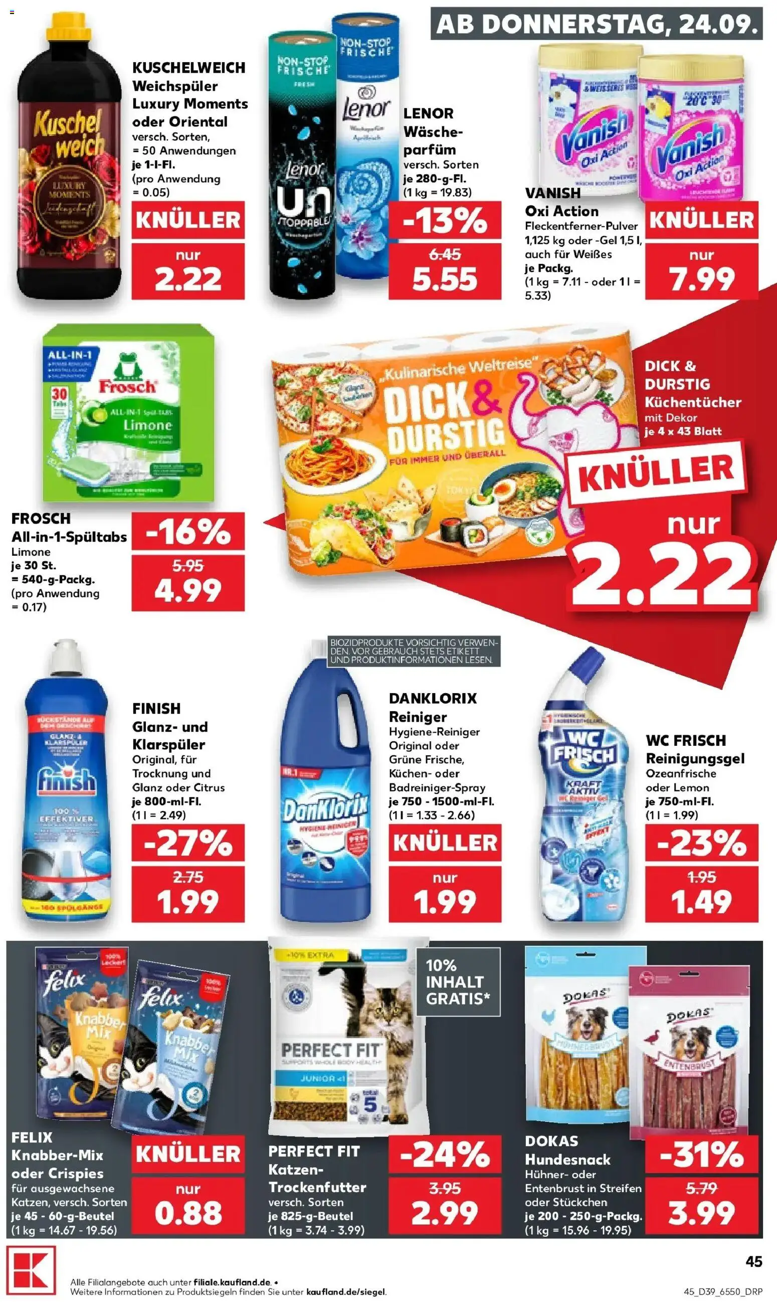 Prospekt Kaufland ab 24.09.2026 » Angebote Online zum Blättern | Seite: 45 | Produkte: Finish, Weichspüler, Wc frisch, Kuchen