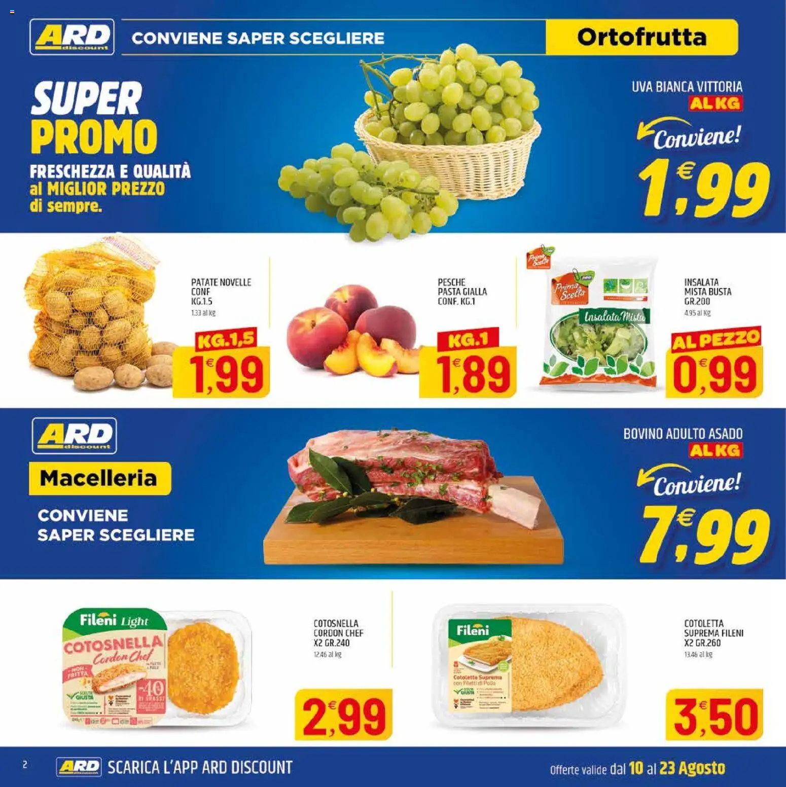 Volantino ARD Discount del 10/08/2026 | Pagina: 2 | Prodotti: Bovino, Patate, Pasta, Pesche