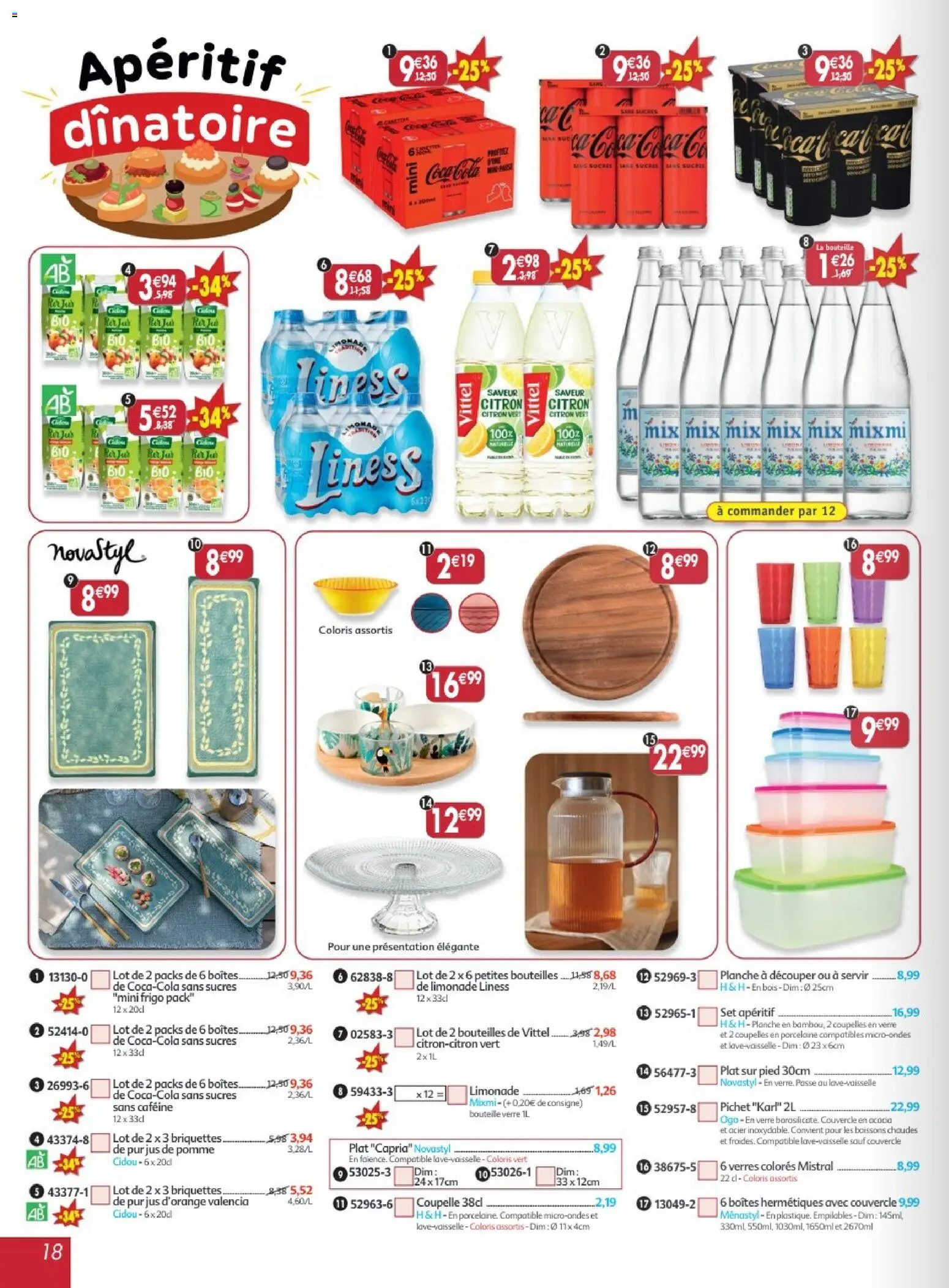 {H1} | Page: 18 | Produits: Citron vert, Planche à découper, Vittel, Jus de pomme