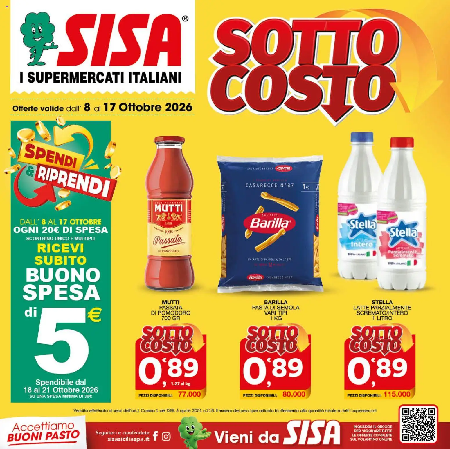 Volantino SISA del 08/10/2026 | Pagina: 1 | Prodotti: Pasta di semola, Latte, Barilla, Mutti
