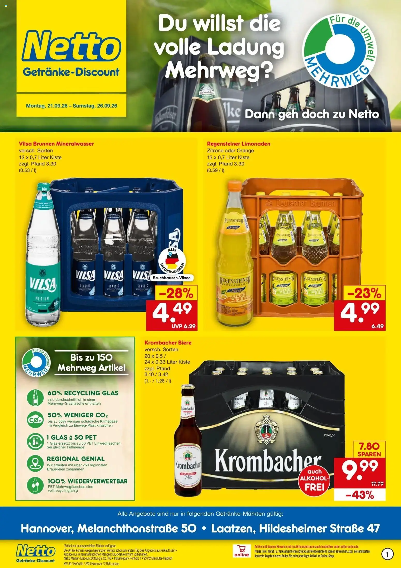 Netto Marken-Discount Prospekt Laatzen – gültig ab 21.09.2026 | Seite: 1 | Produkte: Pils, Mineralwasser, Alkohol, Zitrone