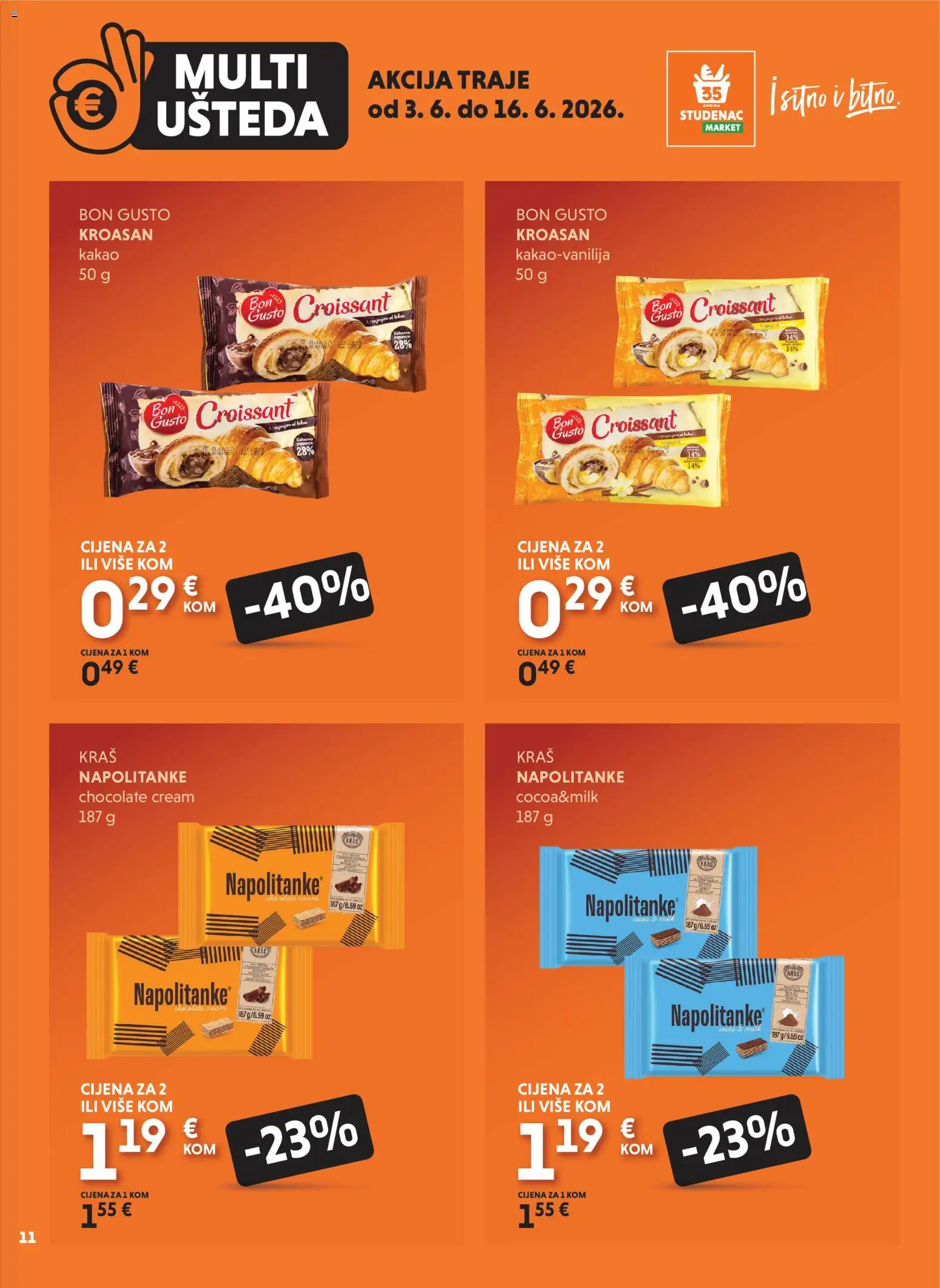 Studenac katalog | vrijedi od 03.06.2026 | Stranica: 11 | Proizvodi: Napolitanke, Kakao, Kroasan