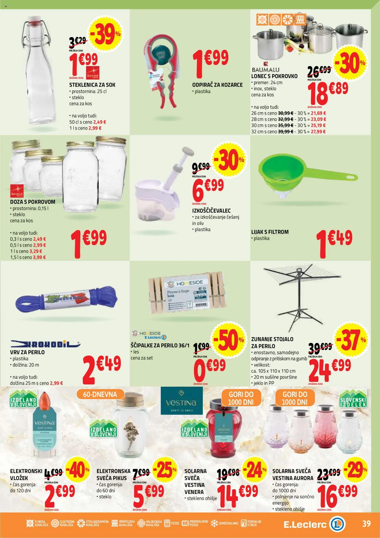 Novi E.leclerc katalog ponudbe – veljaven od 20.05.2026 | Stran: 39 | Izdelki: Steklenica, Sveča, Kos, Sok