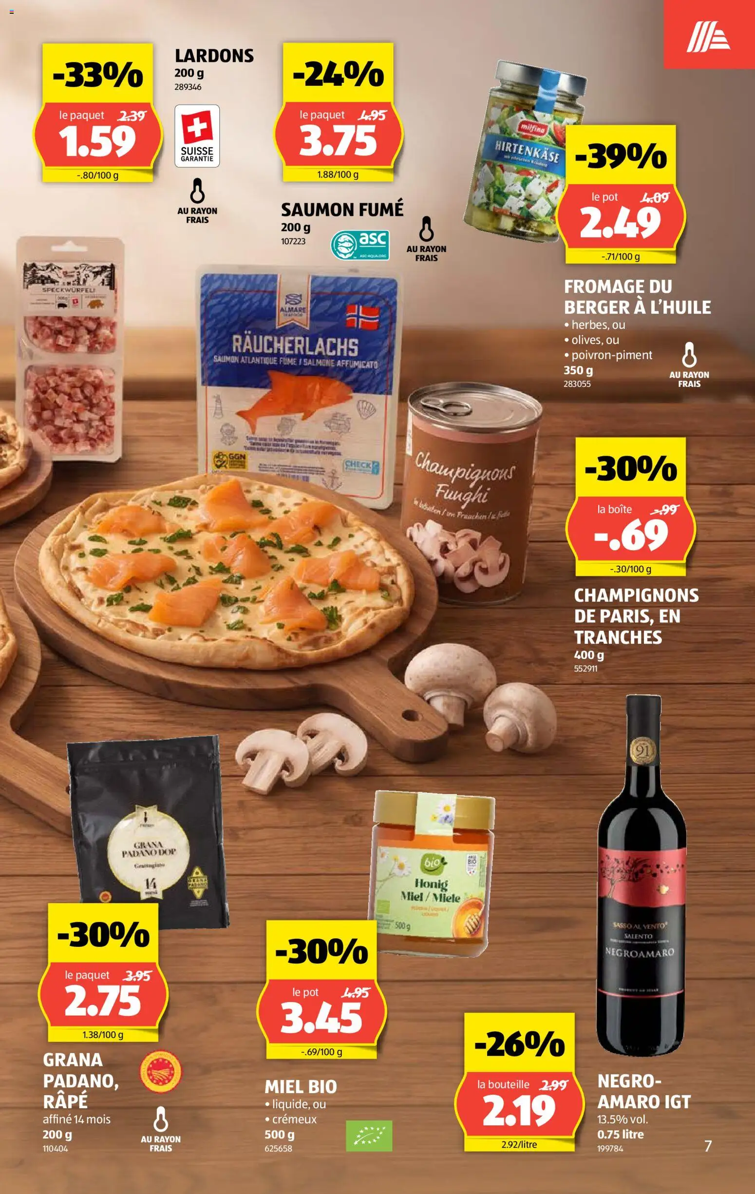 Aldi aktionen FR – gültig ab 15.10.2026 | Seite: 7 | Produkte: Grana Padano, Champignons, Räucherlachs, Miele