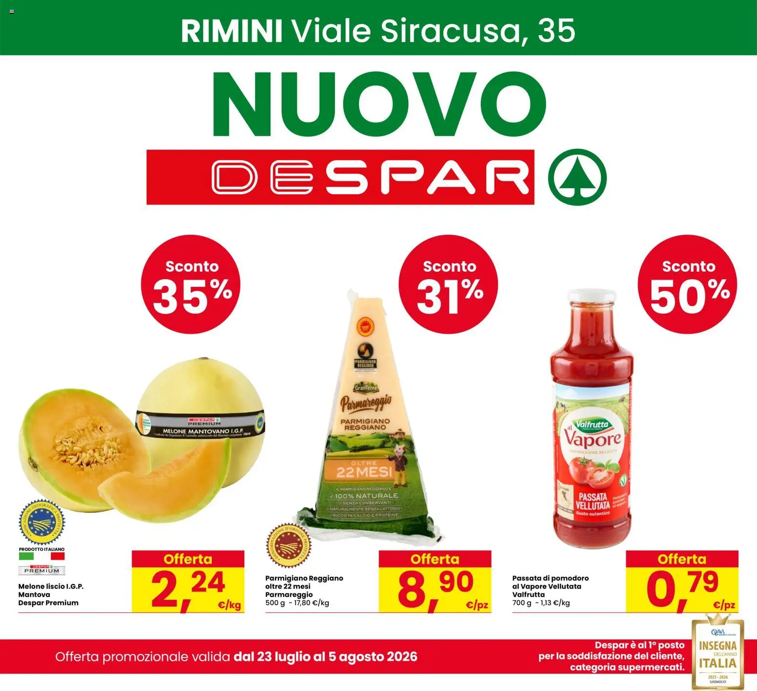 Volantino Despar del 23/07/2026 | Pagina: 1 | Prodotti: Melone, Passata di pomodoro, Parmigiano reggiano, Parmigiano