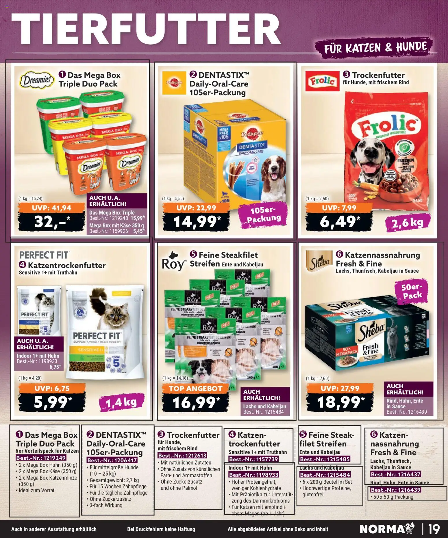 Norma Bestellmagazin Juli 2026 – gültig ab 01.07.2026 | Seite: 19 | Produkte: Sheba, Käse, Box, Pedigree