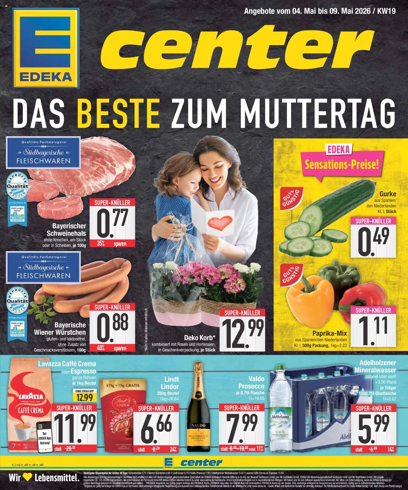 E center Prospekt 	 – gültig ab 04.05.2026 | Seite: 1 | Produkte: Adelholzener, Mineralwasser, Prosecco, Lindt