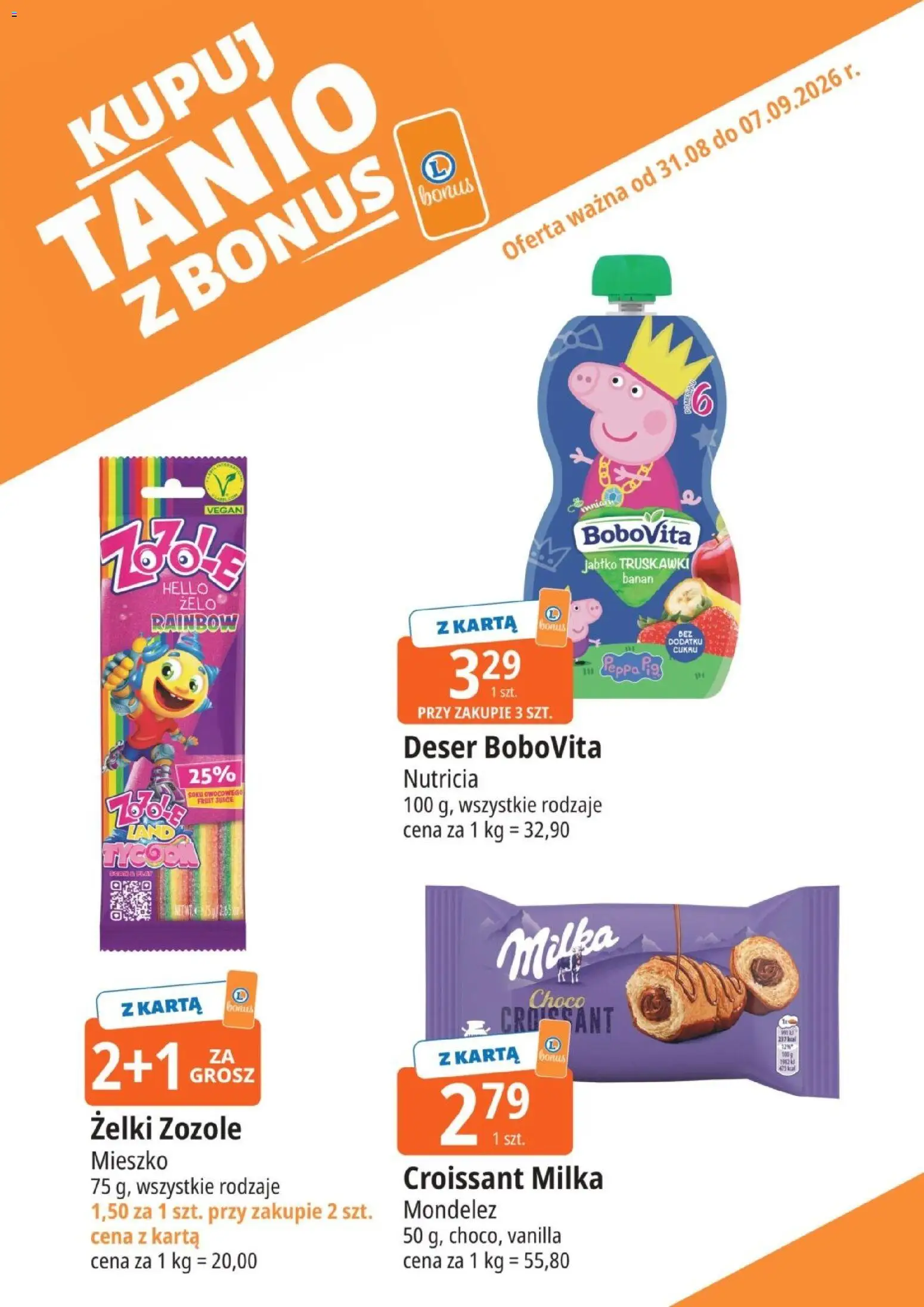 E.Leclerc gazetka - Kupuj Tanio Z Bonus od 31.08.2026 | Strona: 1 | Produkty: Karta, Croissant, Milka, Żelki