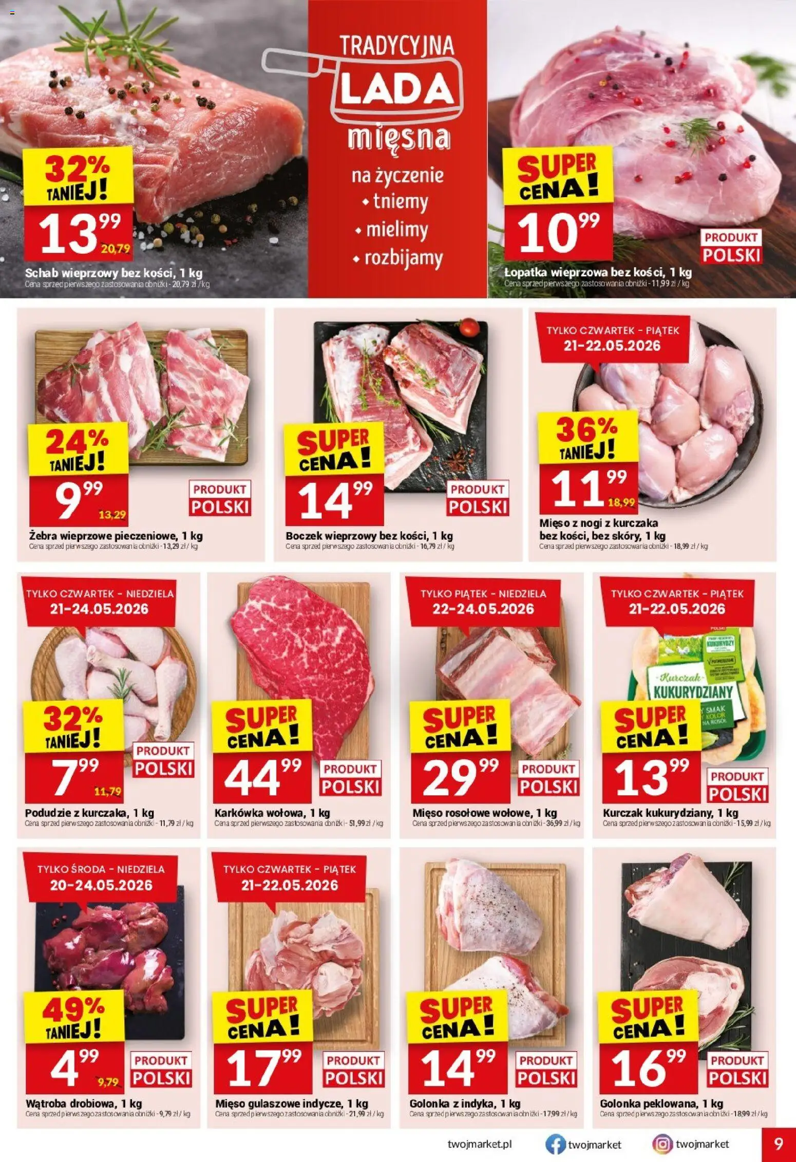 Twój Market gazetka od 20.05.2026 | Strona: 9 | Produkty: Karkówka, Schab, Mięso, Boczek