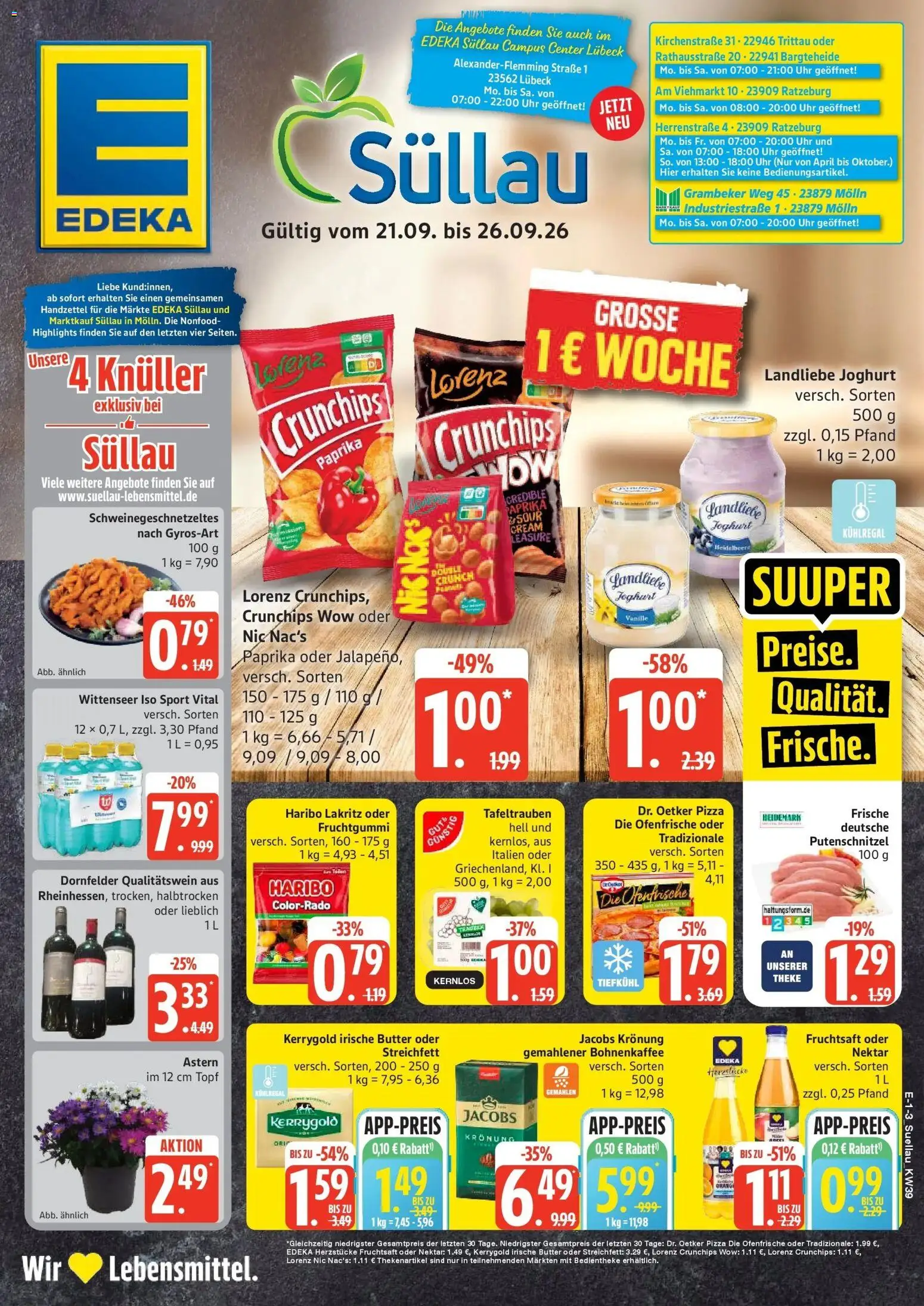 Edeka Prospekt Lübeck (ab 21.09.2026) » Angebote Online | Seite: 1 | Produkte: Theke, Paprika, Putenschnitzel, Uhr