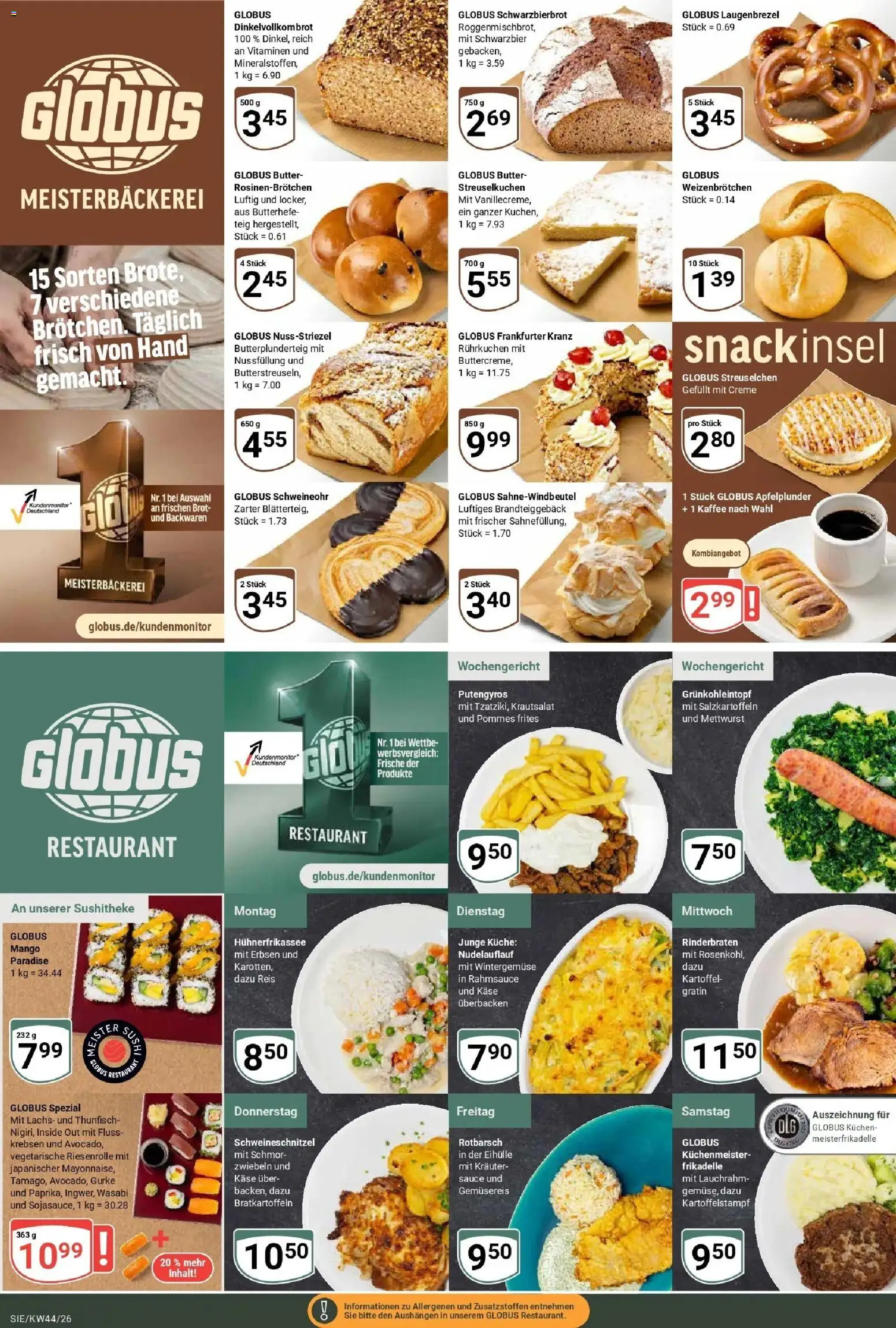 Globus Prospekt Siegen – gültig ab 26.10.2026 | Seite: 10 | Produkte: Rinderbraten, Käse, Pommes, Kuchen