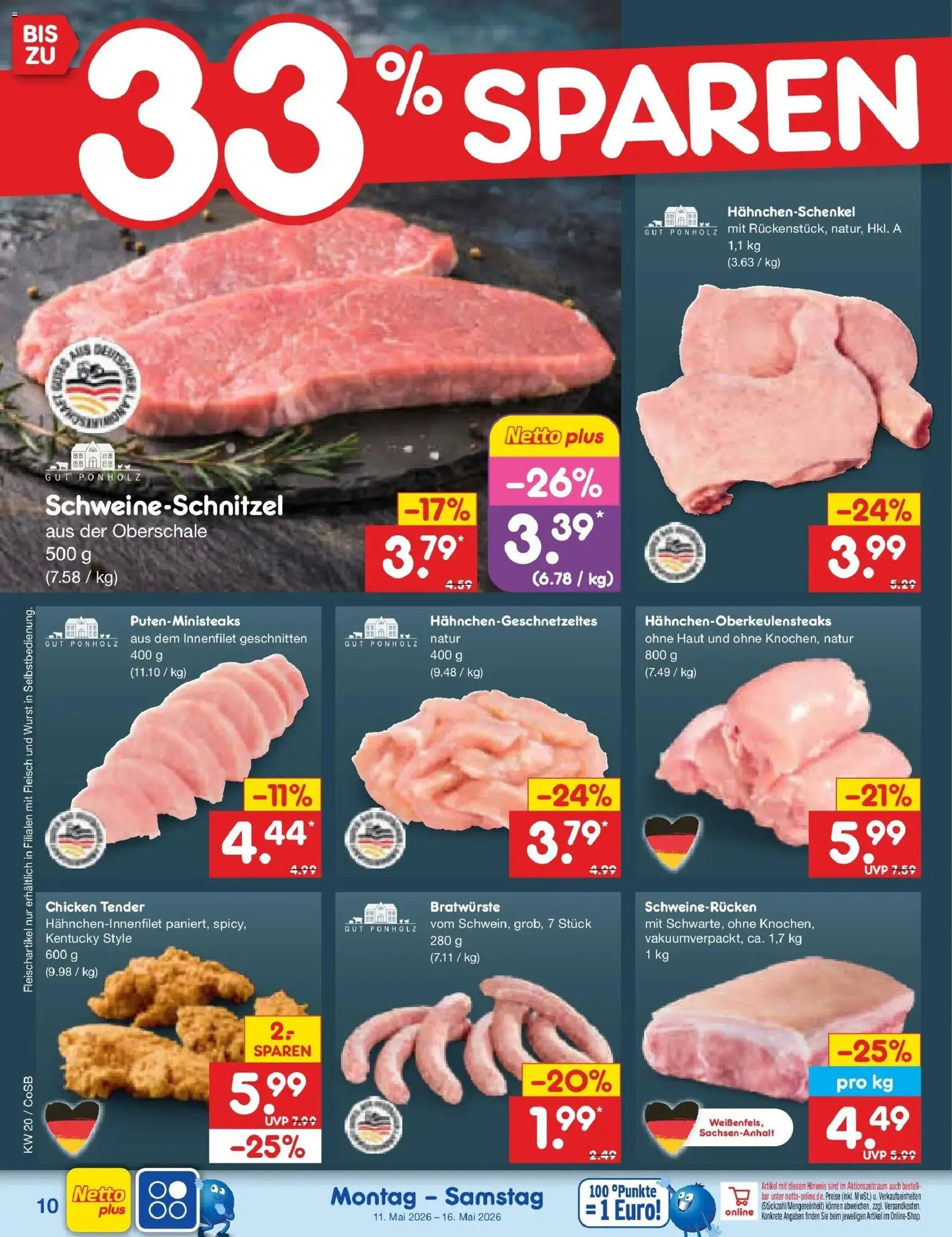 Netto Marken-Discount Prospekt Bitterfeld-Wolfen	 – gültig ab 10.05.2026 | Seite: 11 | Produkte: Hahnchenschenkel, Wurst, Schweinerucken, Fleisch