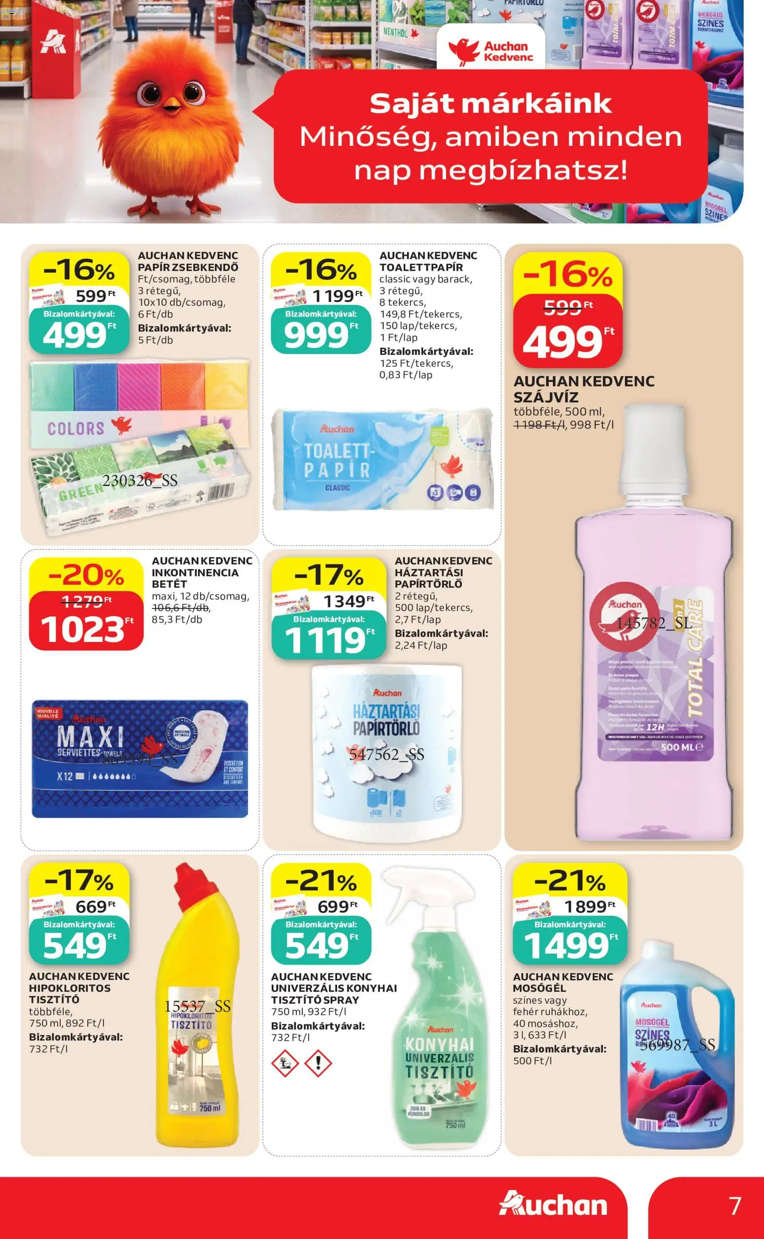 Auchan akciós ujság - amely érvényes a következő dátumtól: 2026.09.03. | Oldal: 7 | Termékek: Toalettpapír, Betét, Mosógél, Papír zsebkendő