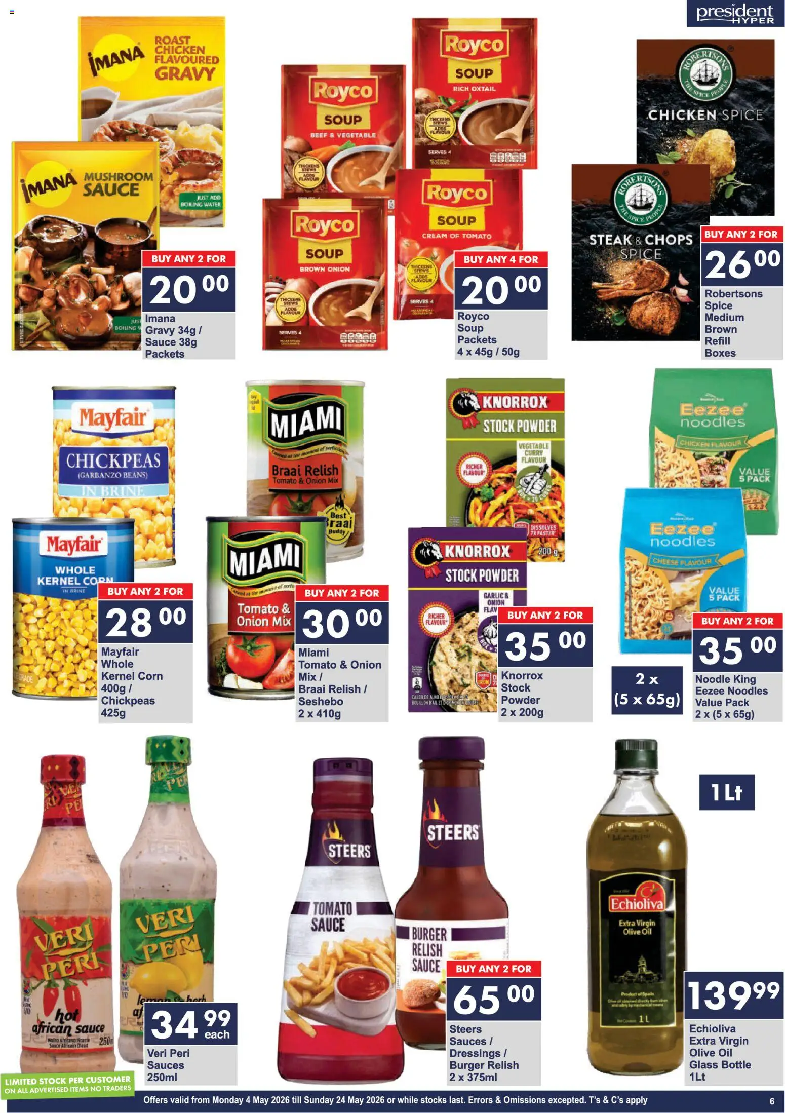New President Hyper catalogue – valid from 04.05.2026 | Page: 6 | Products: Corn, Steak, Braai relish, Sauce