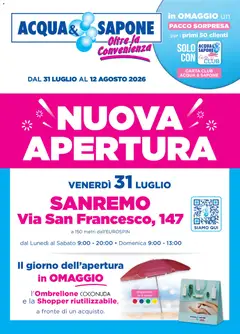 Anteprima del volantino Acqua e Sapone volantino Apertura Sanremo valido a partire dal 31/07/2026