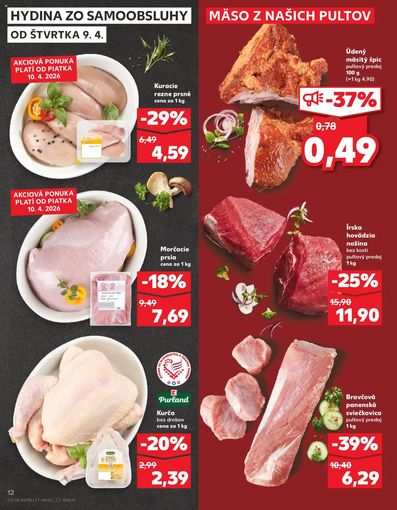Nové Kaufland akcie – leták je platný od 09.04.2026 | Strana: 12 | Produkty: Kuracie rezne, Kurča