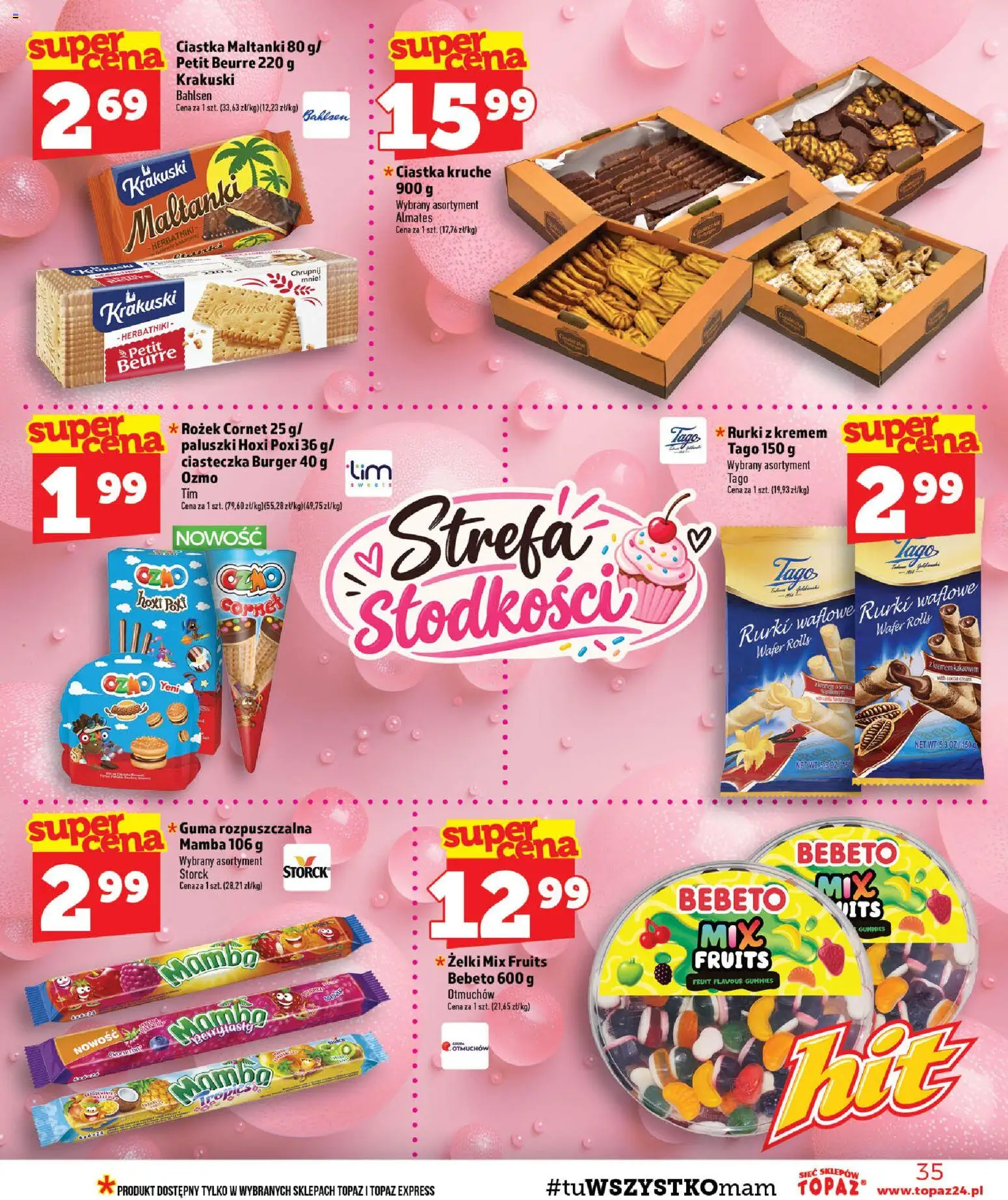 Topaz gazetka - Ceny małe na stałe od 01.10.2026 | Strona: 35 | Produkty: Rurki z kremem, Paluszki, Żelki, Burger