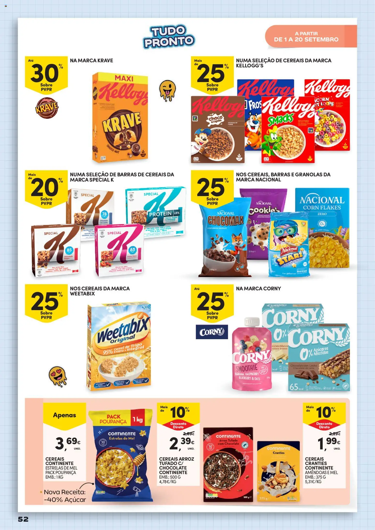 Continente Regresso às Aulas Na escola de toda a gente │ válido de 11/08/2026 | Página: 52 | Produtos: Banana, Weetabix, Açúcar, Cereais