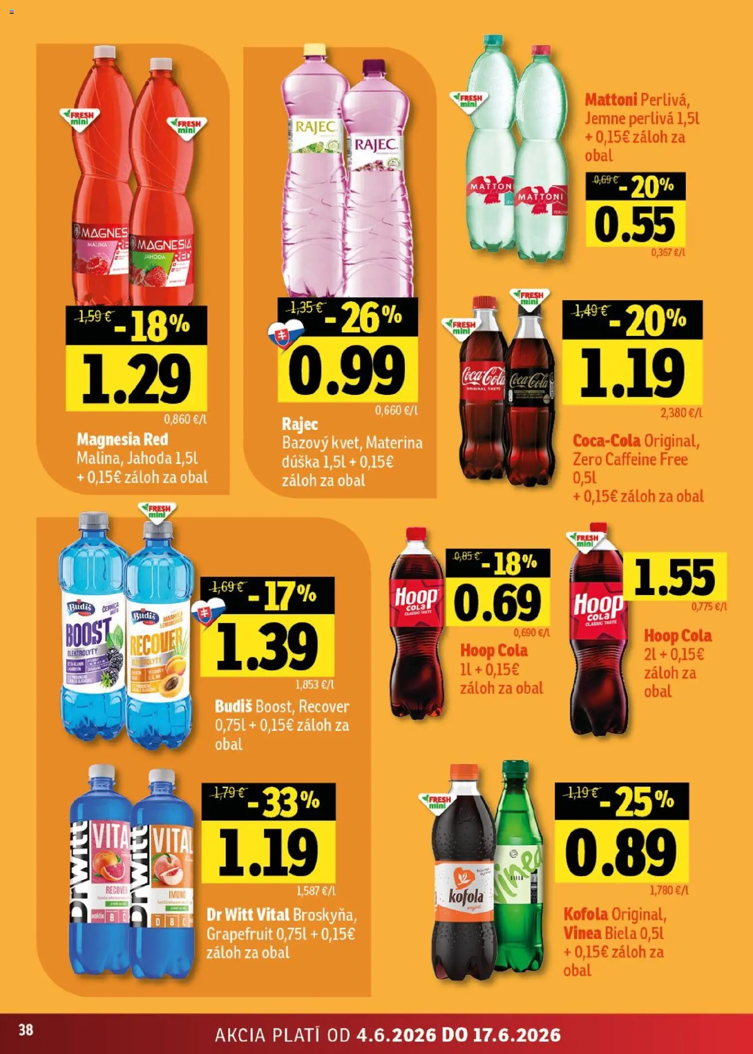Nové Fresh akcie – leták je platný od 04.06.2026 | Strana: 38 | Produkty: Rajec, Kofola, Mattoni, Cola