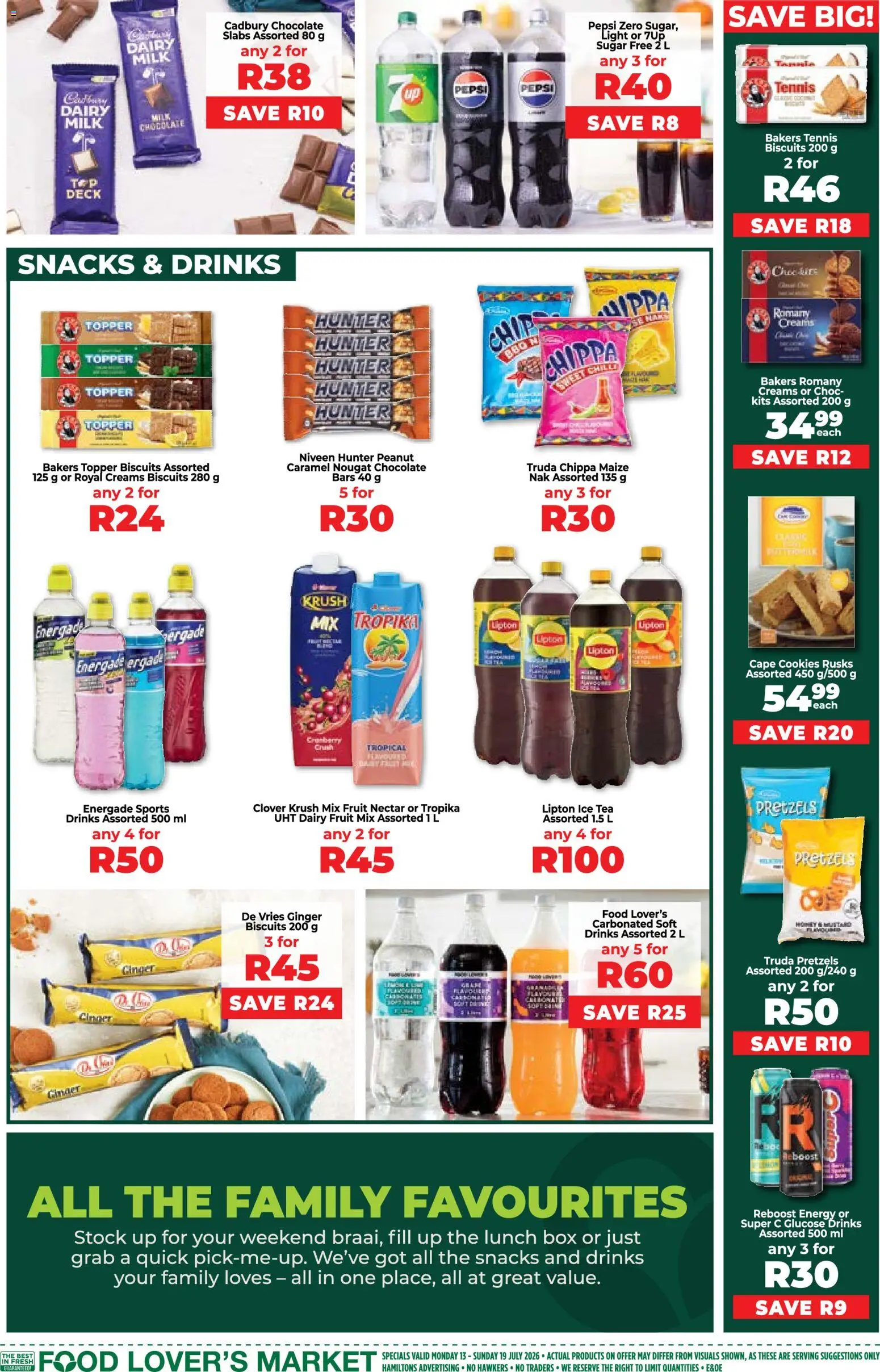 New Food Lover's Market catalogue – valid from 13/07/2026 | Page: 6 | Products: Milk, Biscuits, Chocolate, Tea